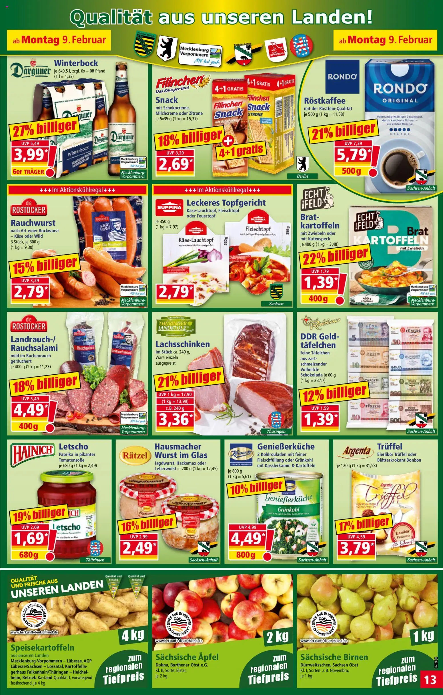 Norma Prospekt 	 – gültig ab 09.02.2026 | Seite: 13 | Produkte: Bockwurst, Schokolade, Obst, Zitrone