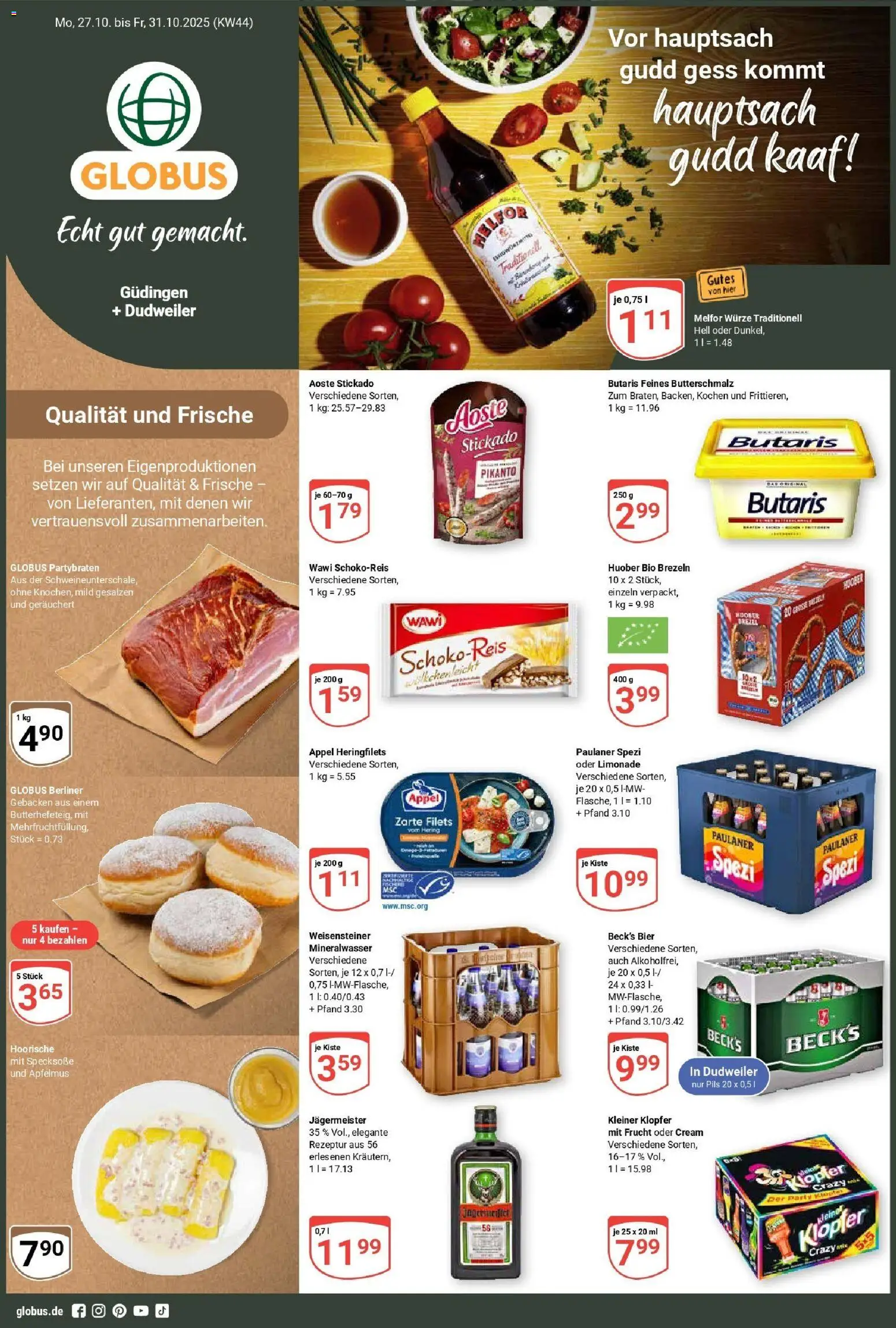 Globus prospekt Saarbrücken-Dudweiler	 – gültig ab 26.10.2025 | Seite: 1 | Produkte: Berliner, Butterschmalz, Paulaner spezi, Paulaner