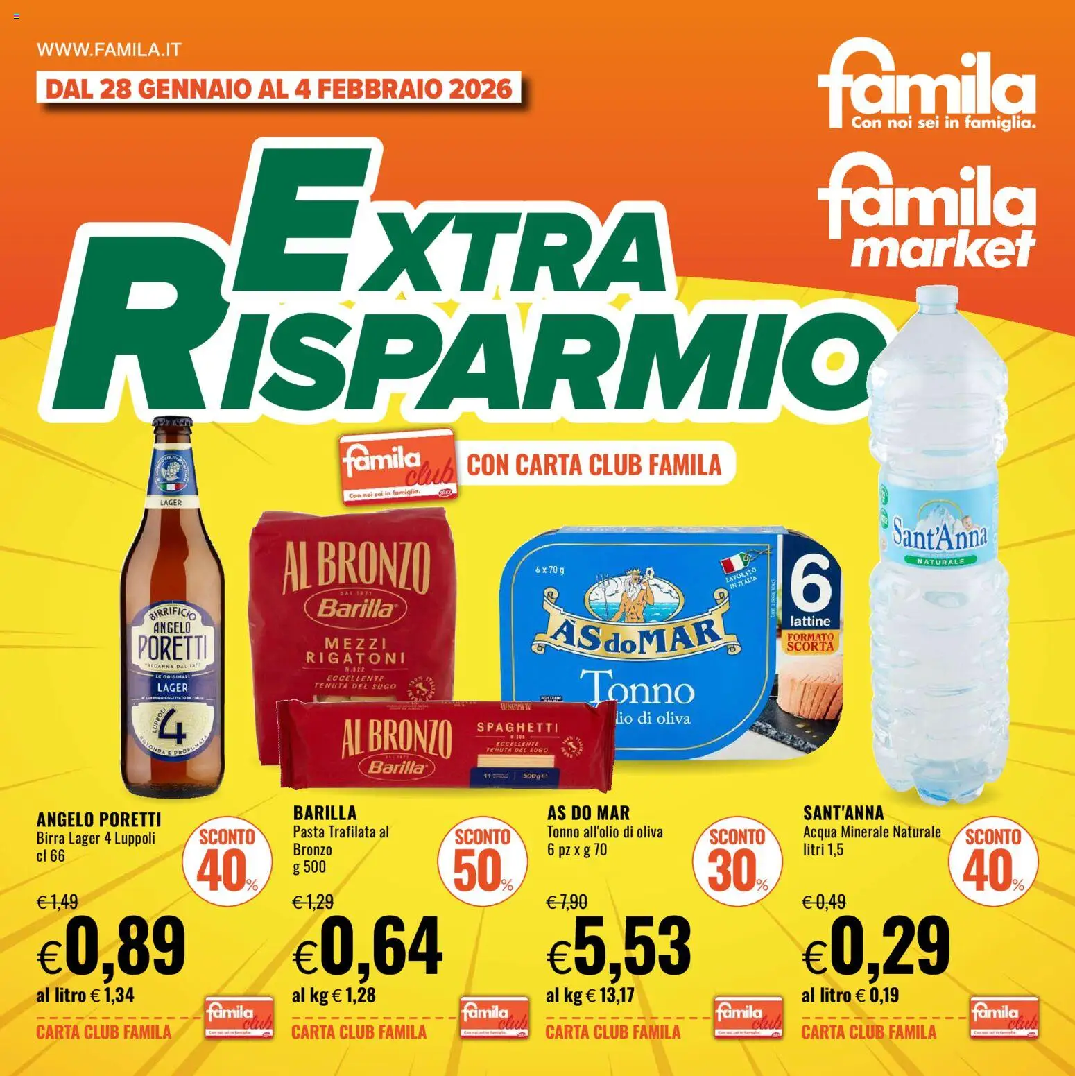 Volantino Famila del 28.01.2026 | Pagina: 1 | Prodotti: Birra, Tonno, Acqua minerale, Sugo