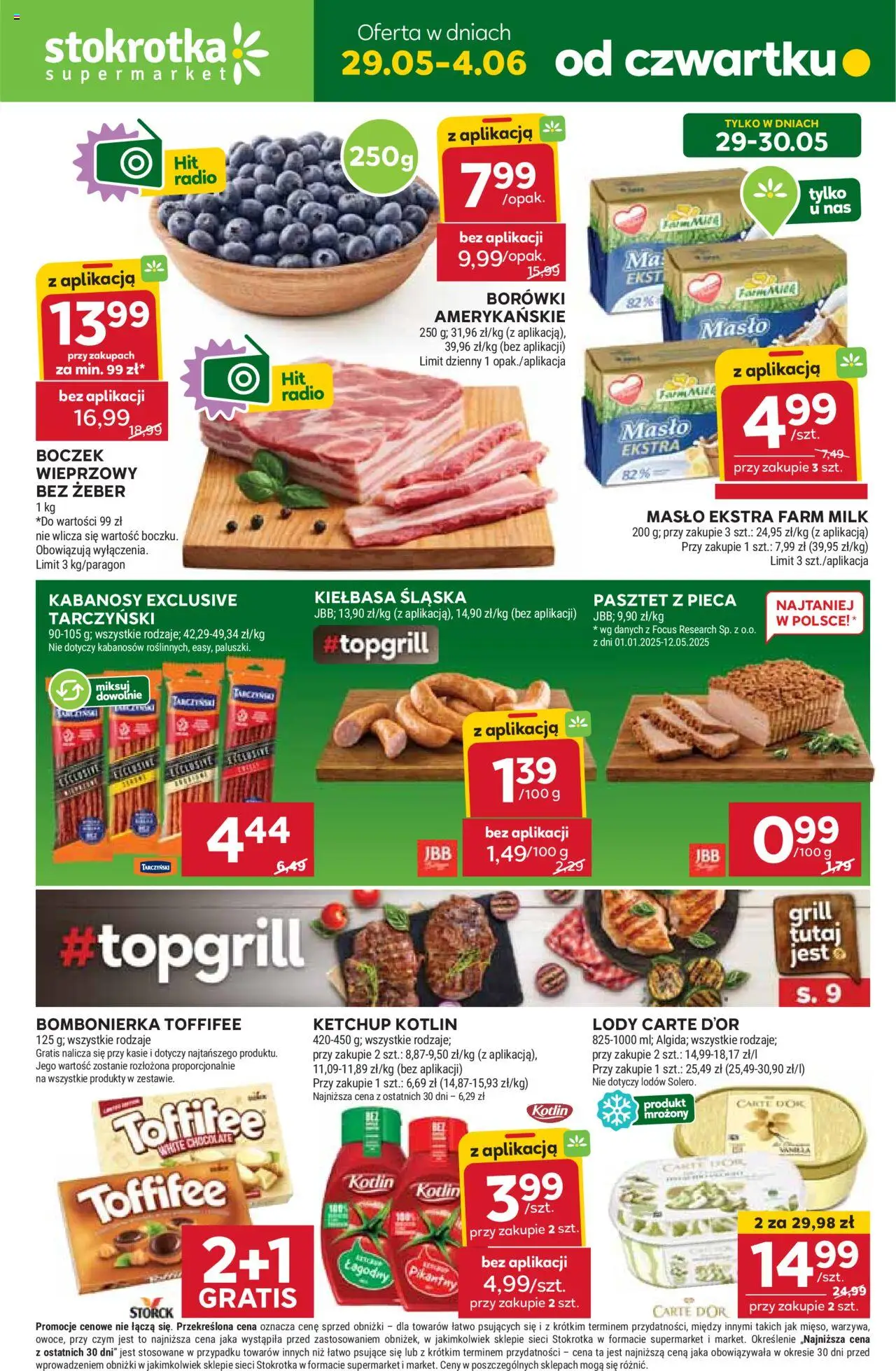 Stokrotka Gazetka od 29.05.2025 | Strona: 1 | Produkty: Radio, Grill, Kabanosy, Boczek
