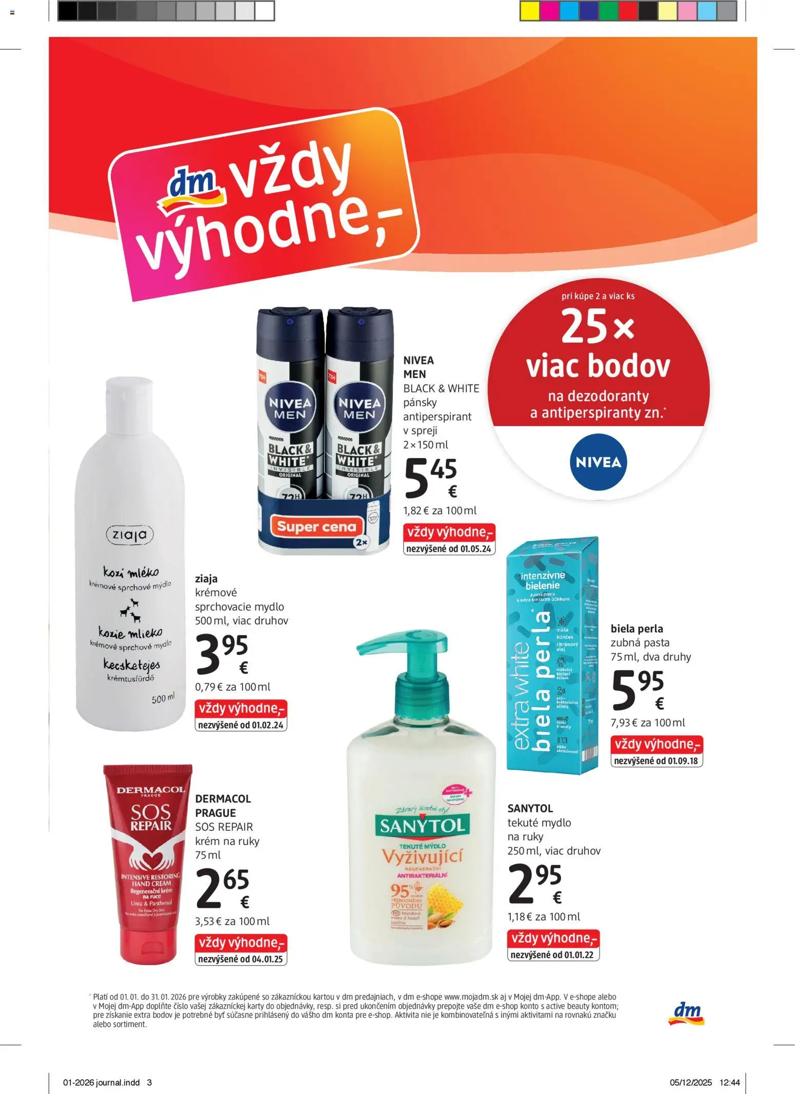 Nové dm drogerie akcie – leták je platný od 01.01.2026 | Strana: 3 | Produkty: Mlieko, Olej, Antiperspirant, Zubná pasta
