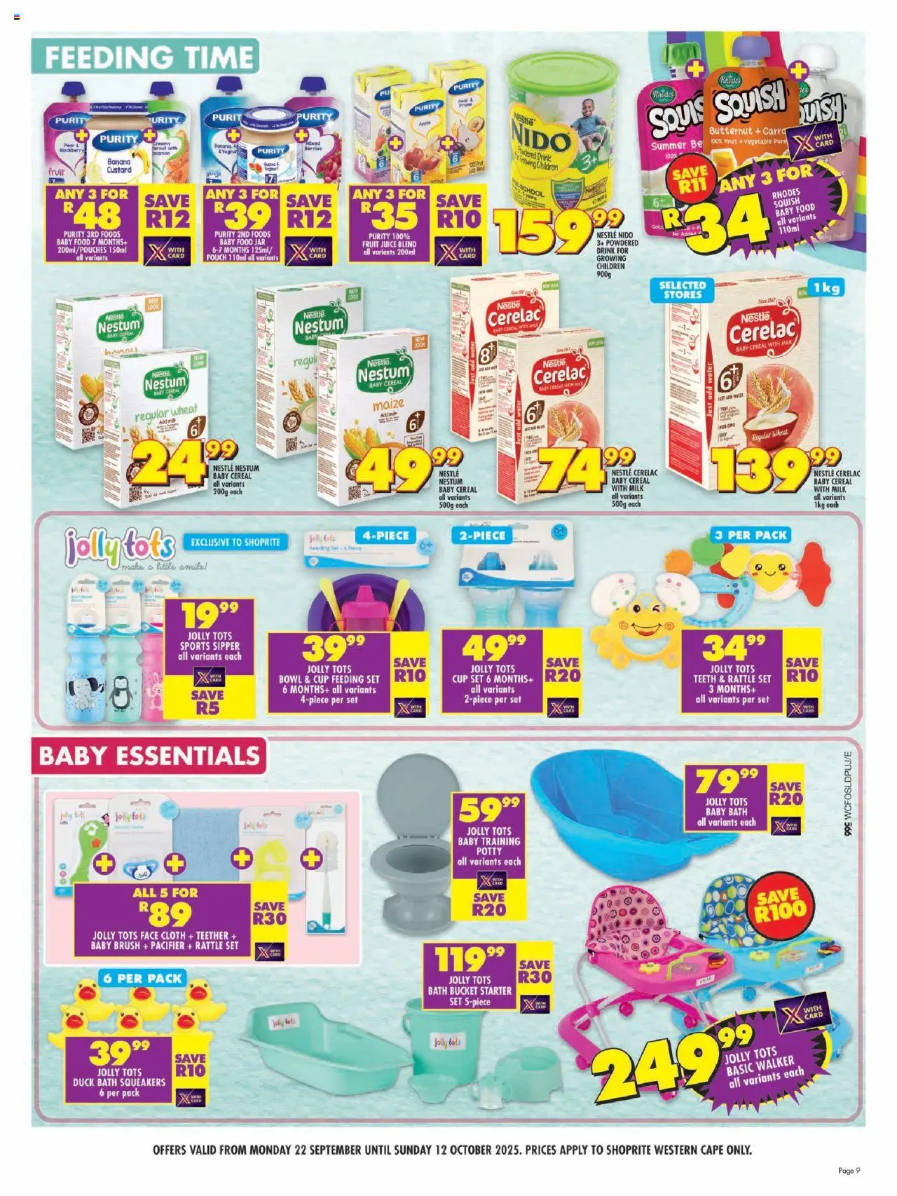 New Shoprite catalogue – valid from 22.09.2025 | Page: 9 | Products: Custard, Juice, Baby food, Water