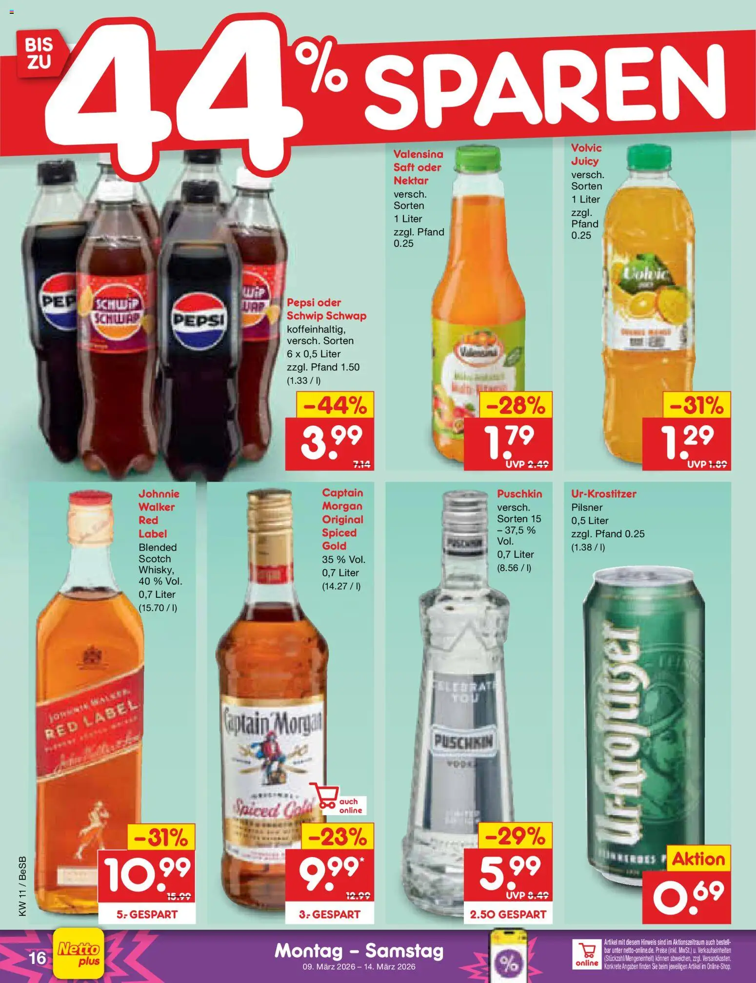 Netto Marken-Discount Prospekt 	 – gültig ab 09.03.2026 | Seite: 20 | Produkte: Schwip schwap, Captain morgan, Saft, Volvic