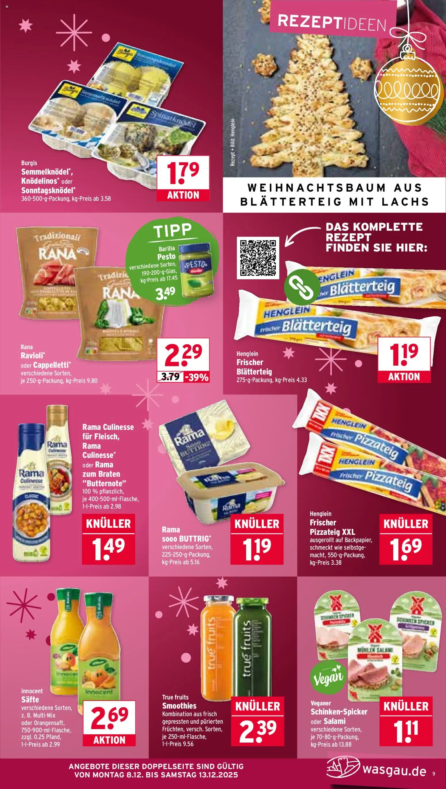 Wasgau Prospekt 	 – gültig ab 08.12.2025 | Seite: 9 | Produkte: Rama, Barilla, Lachs, Salami