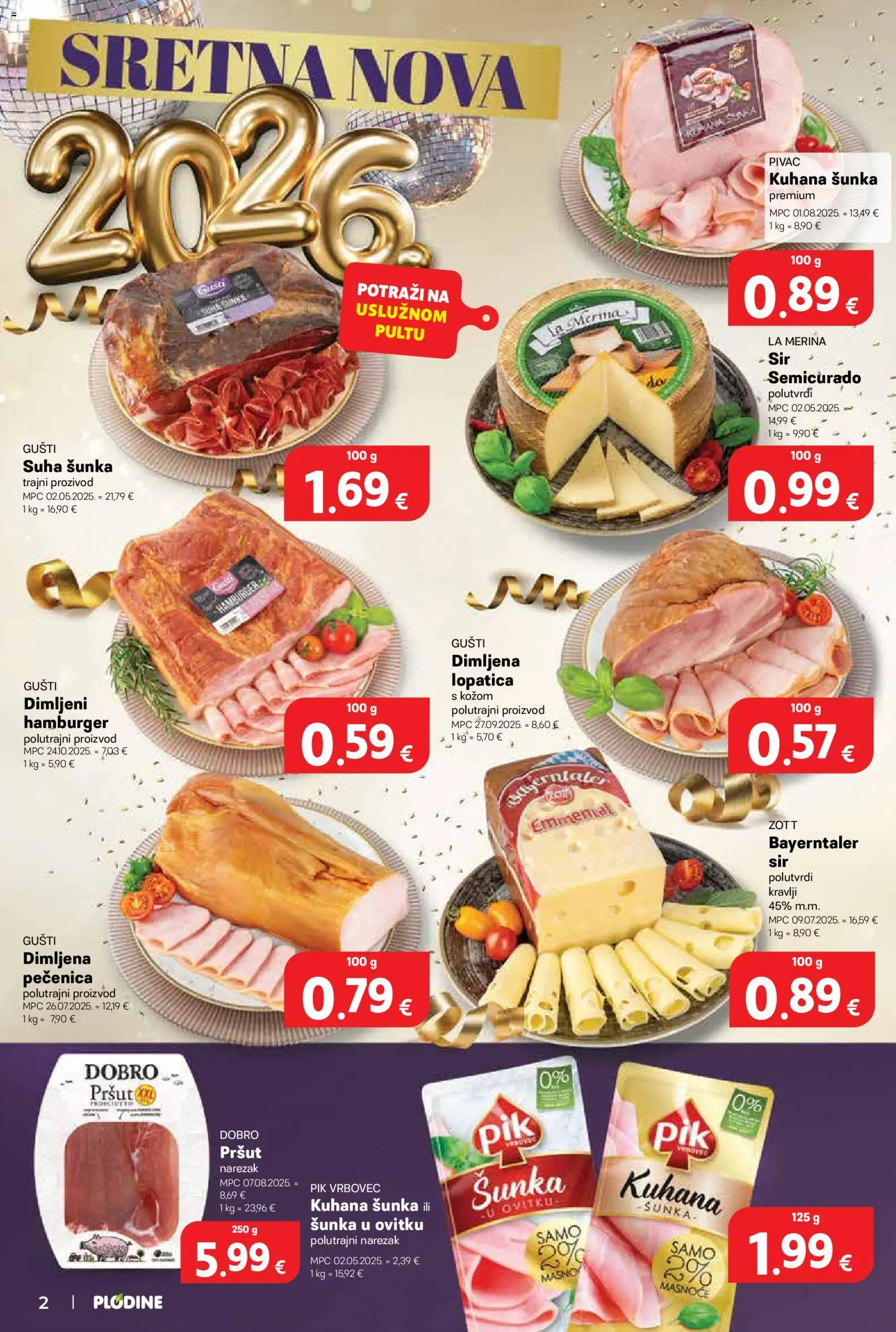 Plodine katalog | vrijedi od 27.12.2025 | Stranica: 2 | Proizvodi: Sir, Šunka, Hamburger, Lopatica