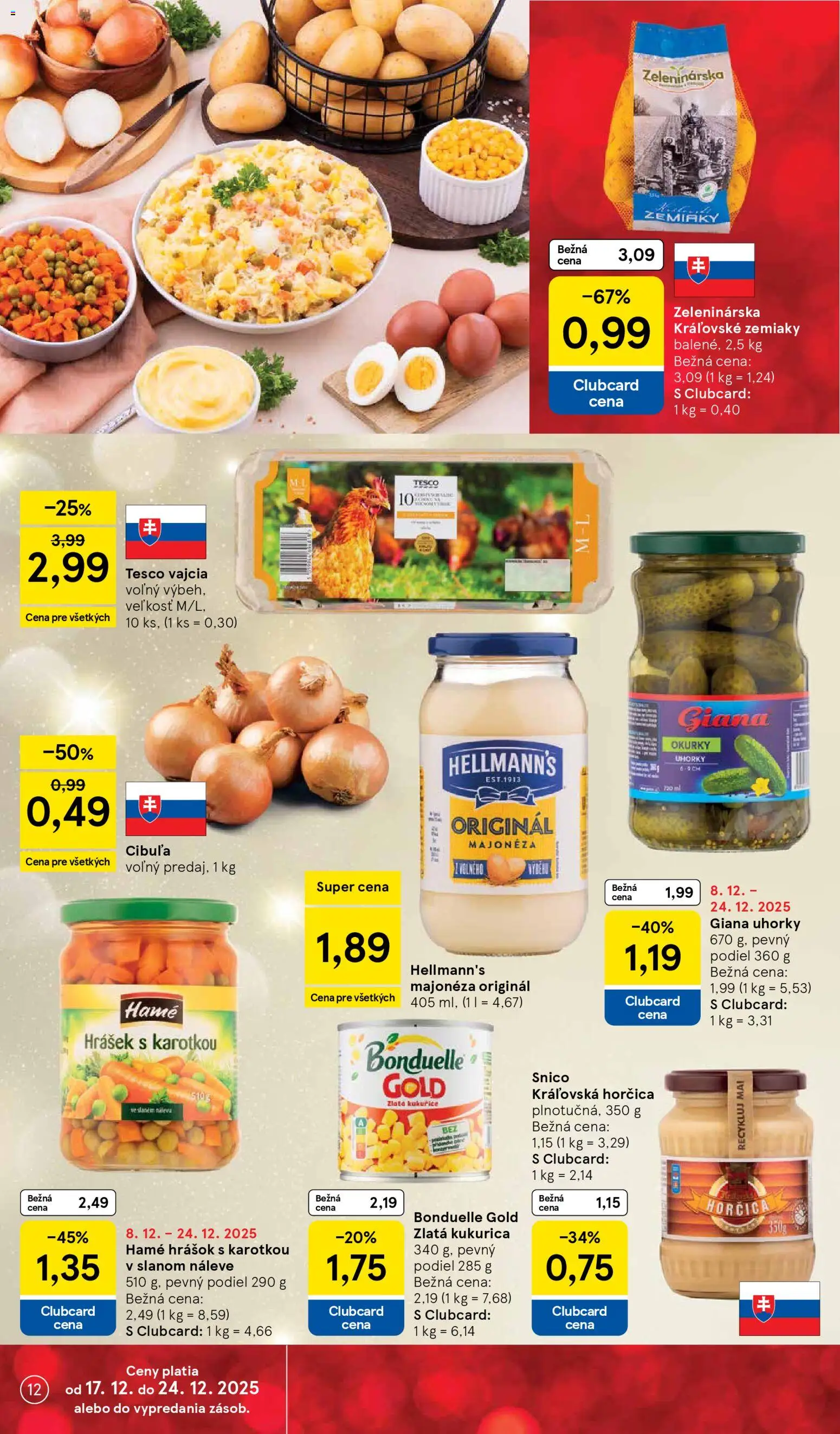 Nové Tesco akcie – leták je platný od 17.12.2025 | Strana: 12 | Produkty: Vajcia, Zemiaky, Cibuľa, Uhorky
