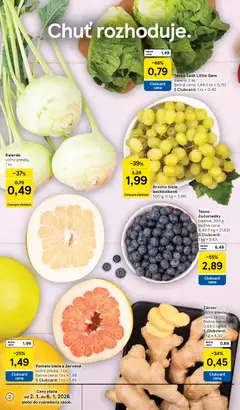 Tesco leták platný od 02.01.2026 | Strana: 2 | Produkty: Zázvor, Čučoriedky, Pomelo, Hrozno