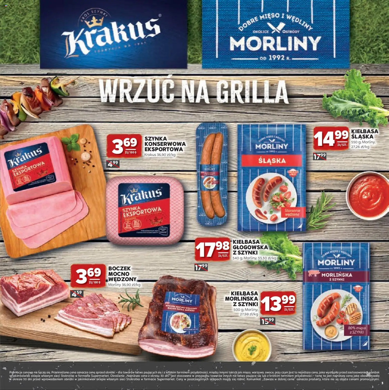 Stokrotka gazetka - Grill od 23.04.2026 | Strona: 3 | Produkty: Kiełbasa, Mięso, Stokrotka, Szynka