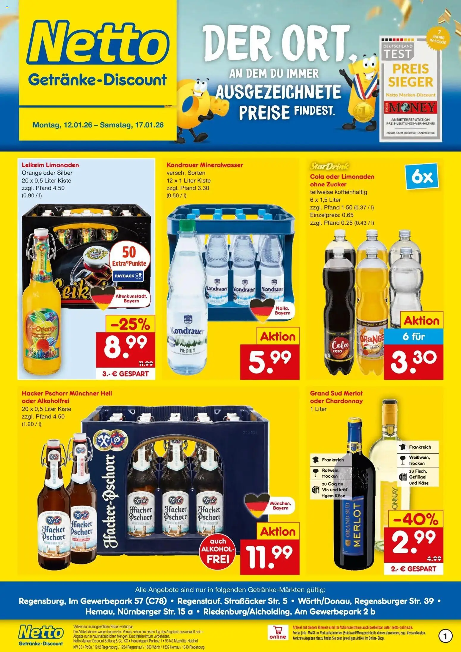 Netto Marken-Discount prospekt Hemau	 – gültig ab 12.01.2026 | Seite: 1 | Produkte: Cola, Merlot, Mineralwasser, Zucker