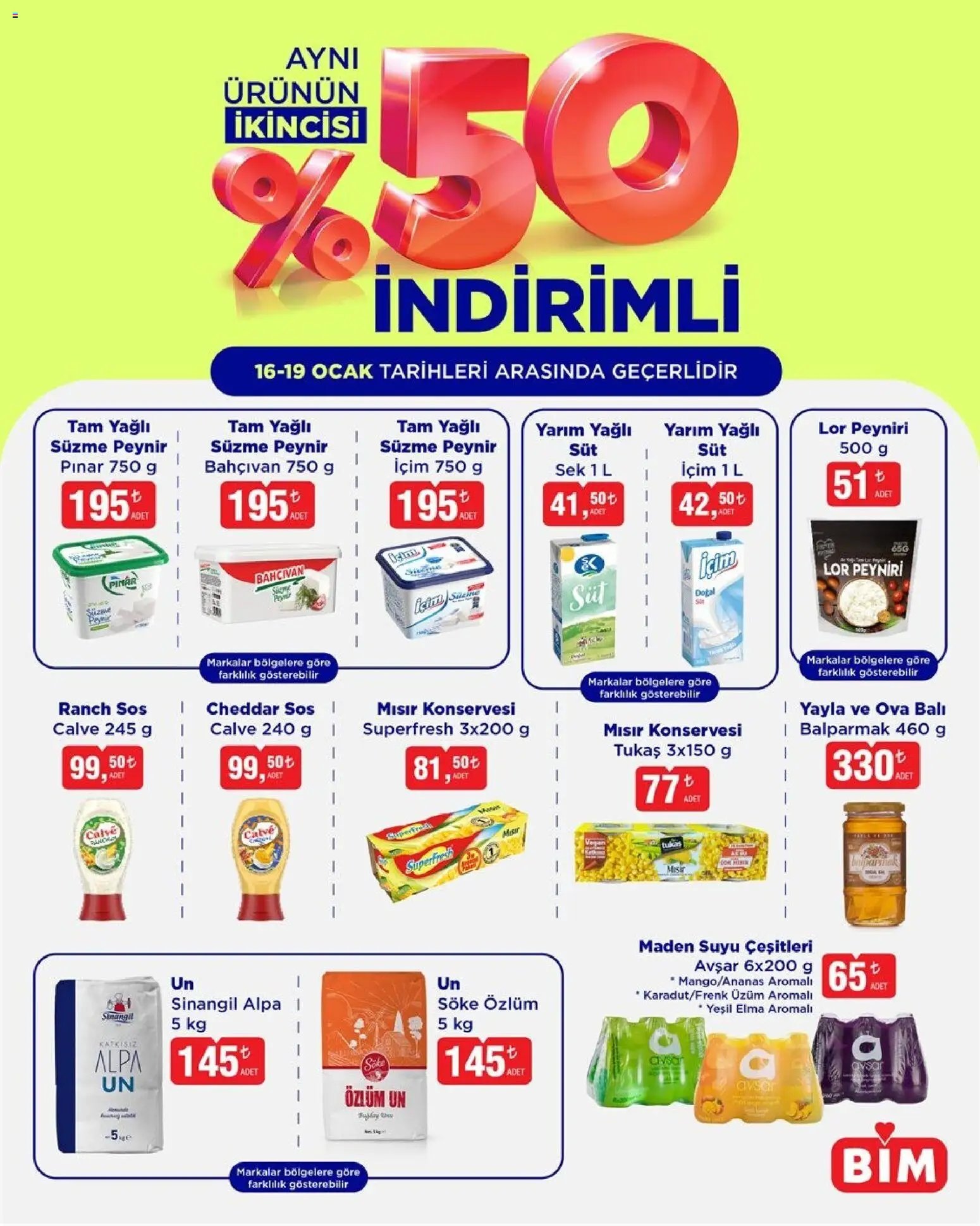 BİM - İkinci Ürün %50 İndirimli - 16.01.2026 tarihinden itibaren geçerlidir | Sayfa: 1 | Ürünler: Ranch sos, Peynir, Sos, Maden suyu