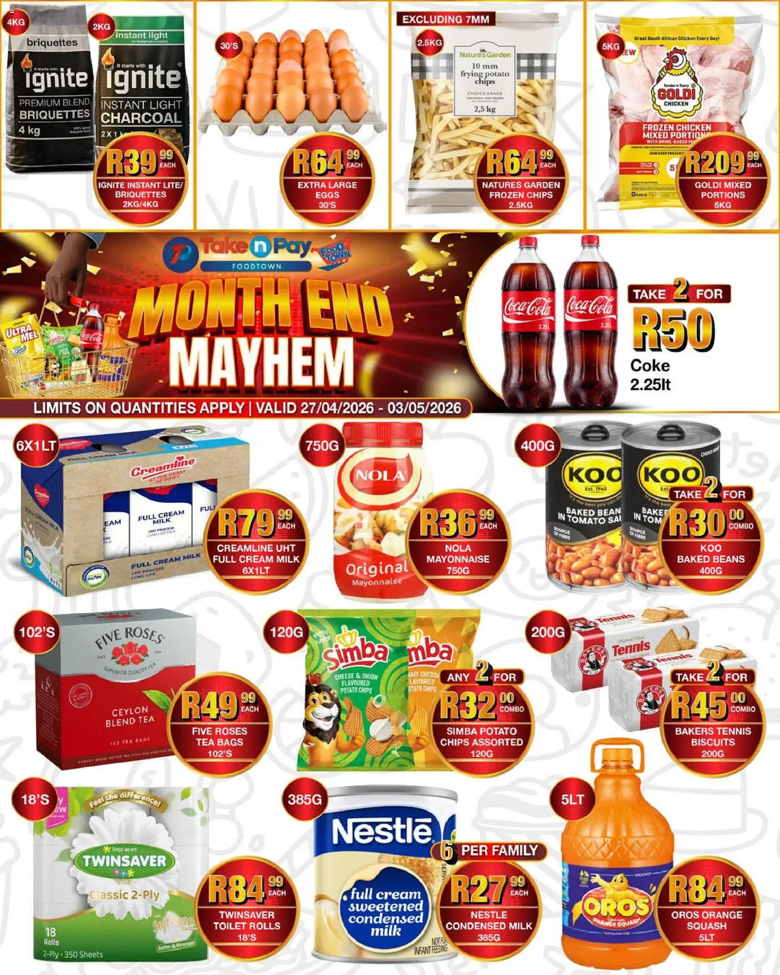 New Take n Pay catalogue – valid from 27.04.2026 | Page: 1 | Products: Baked beans, Chicken, Tea, Chips
