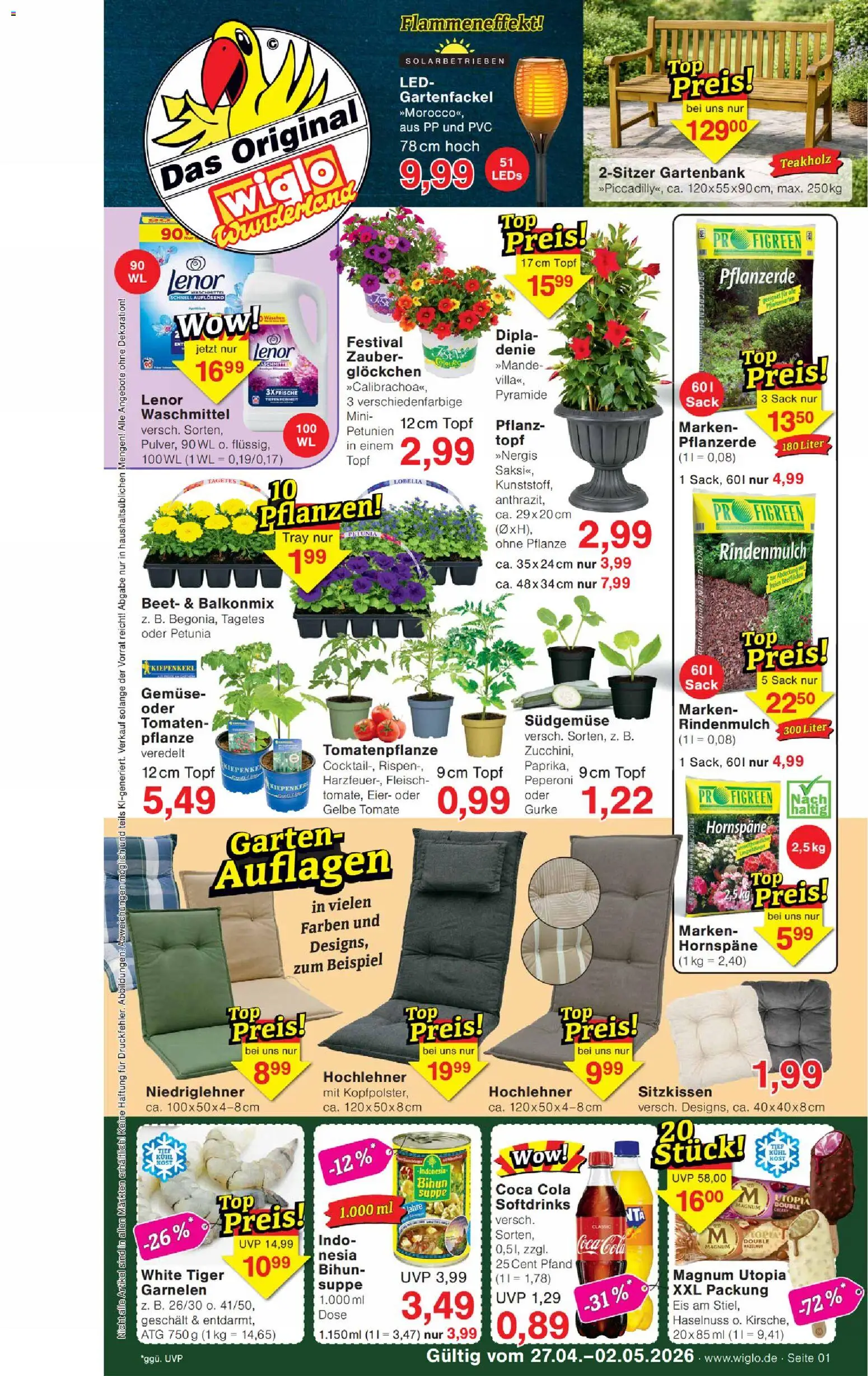 Wiglo Wunderland Prospekt – gültig ab 27.04.2026 | Seite: 1 | Produkte: Pflanzerde, Tomaten, Garnelen, Eis