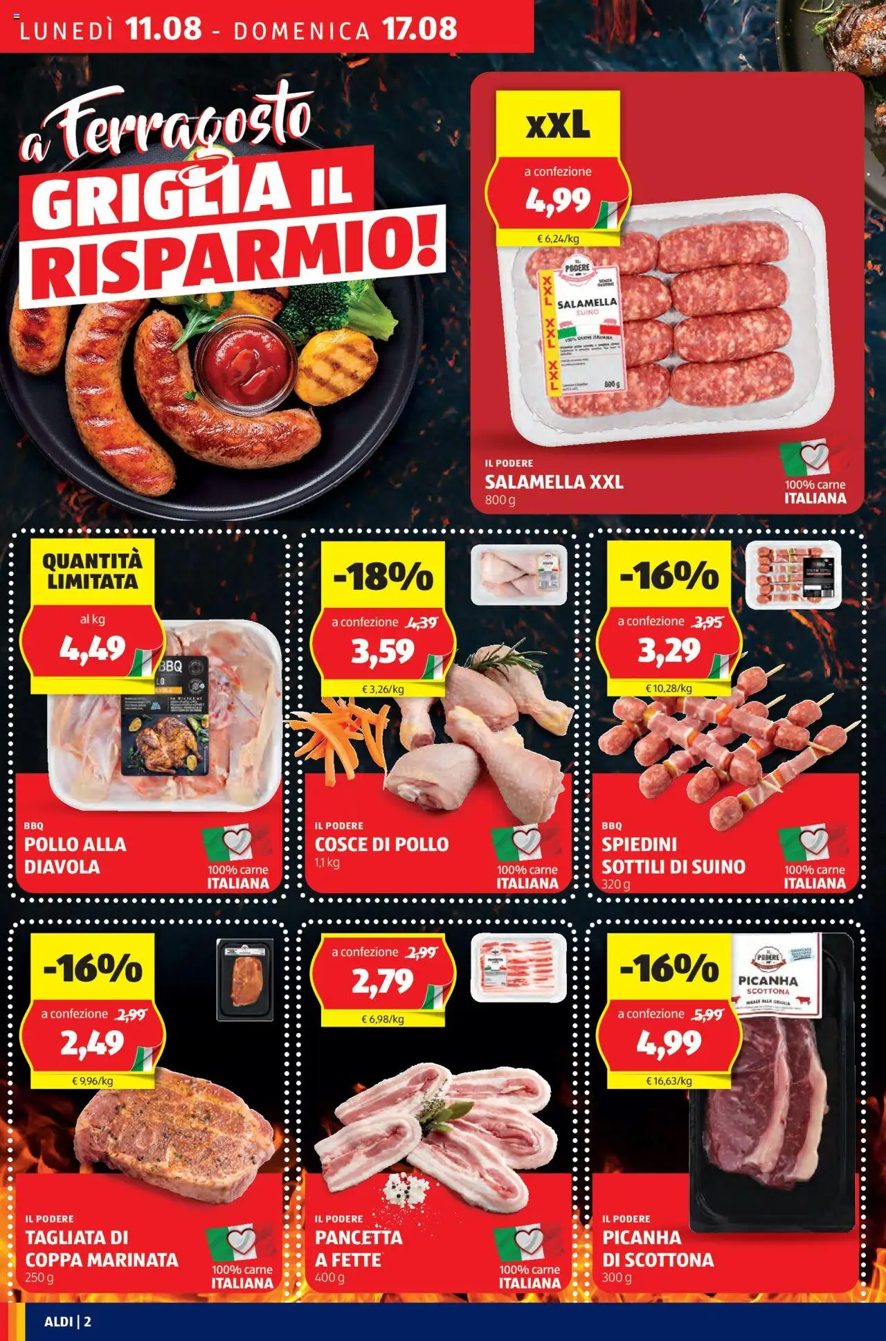 Volantino Aldi del 11.08.2025 | Pagina: 2 | Prodotti: Salamella, Pollo, Suino, Spiedini