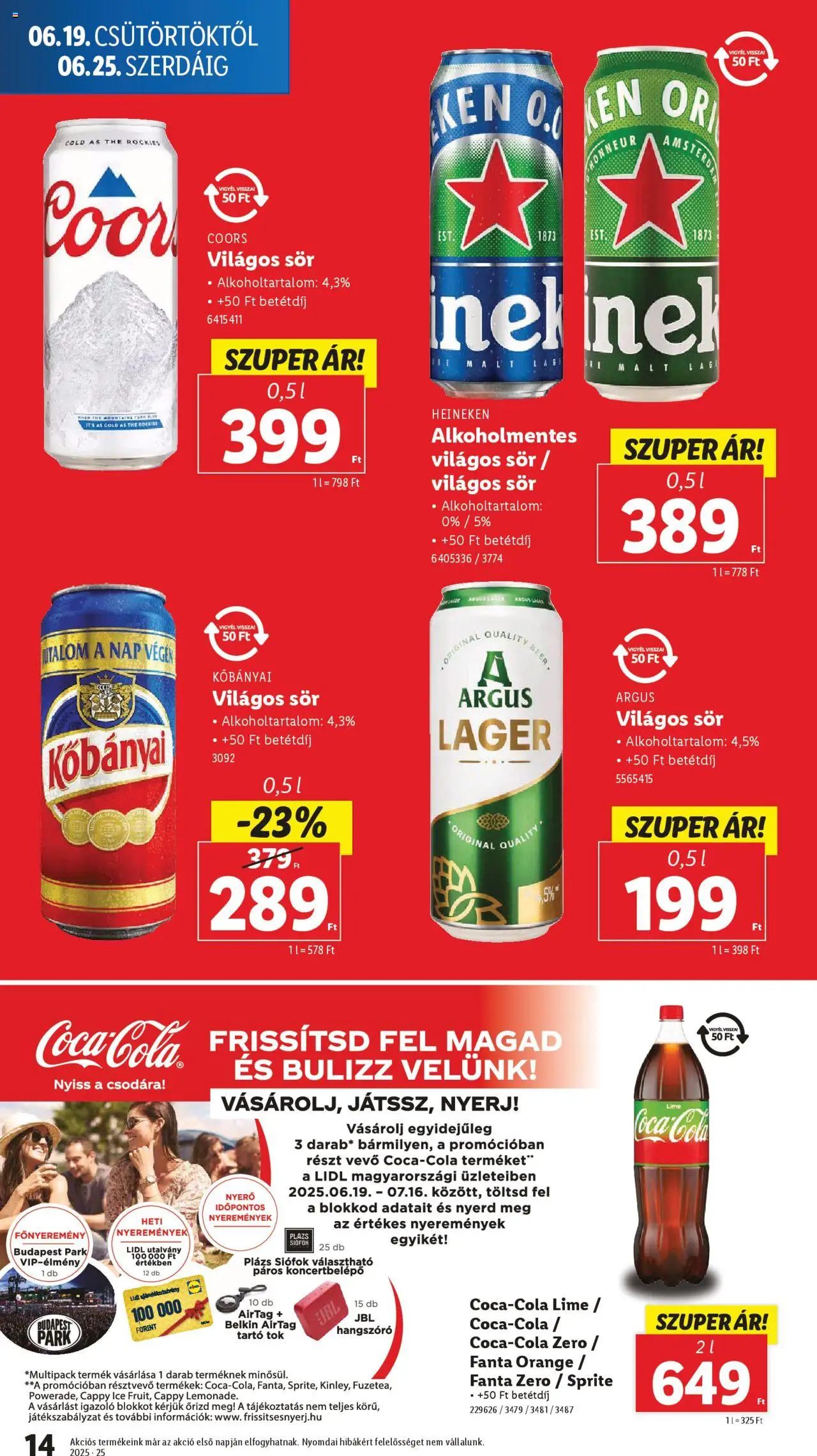Lidl akciós ujság - amely érvényes a következő dátumtól: 19.06.2025 | Oldal: 14 | Termékek: Lime, Hangszóró, Heineken, Sör