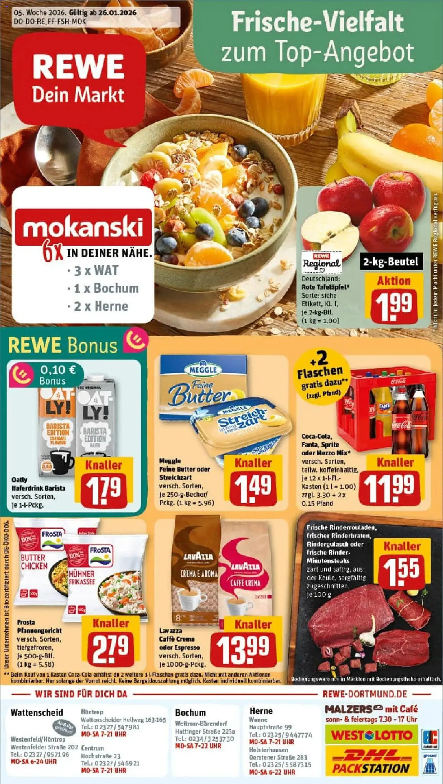 Rewe prospekt Bochum	 – gültig ab 26.01.2026 | Seite: 1 | Produkte: Rindergulasch, Lavazza, Frosta, Uhr