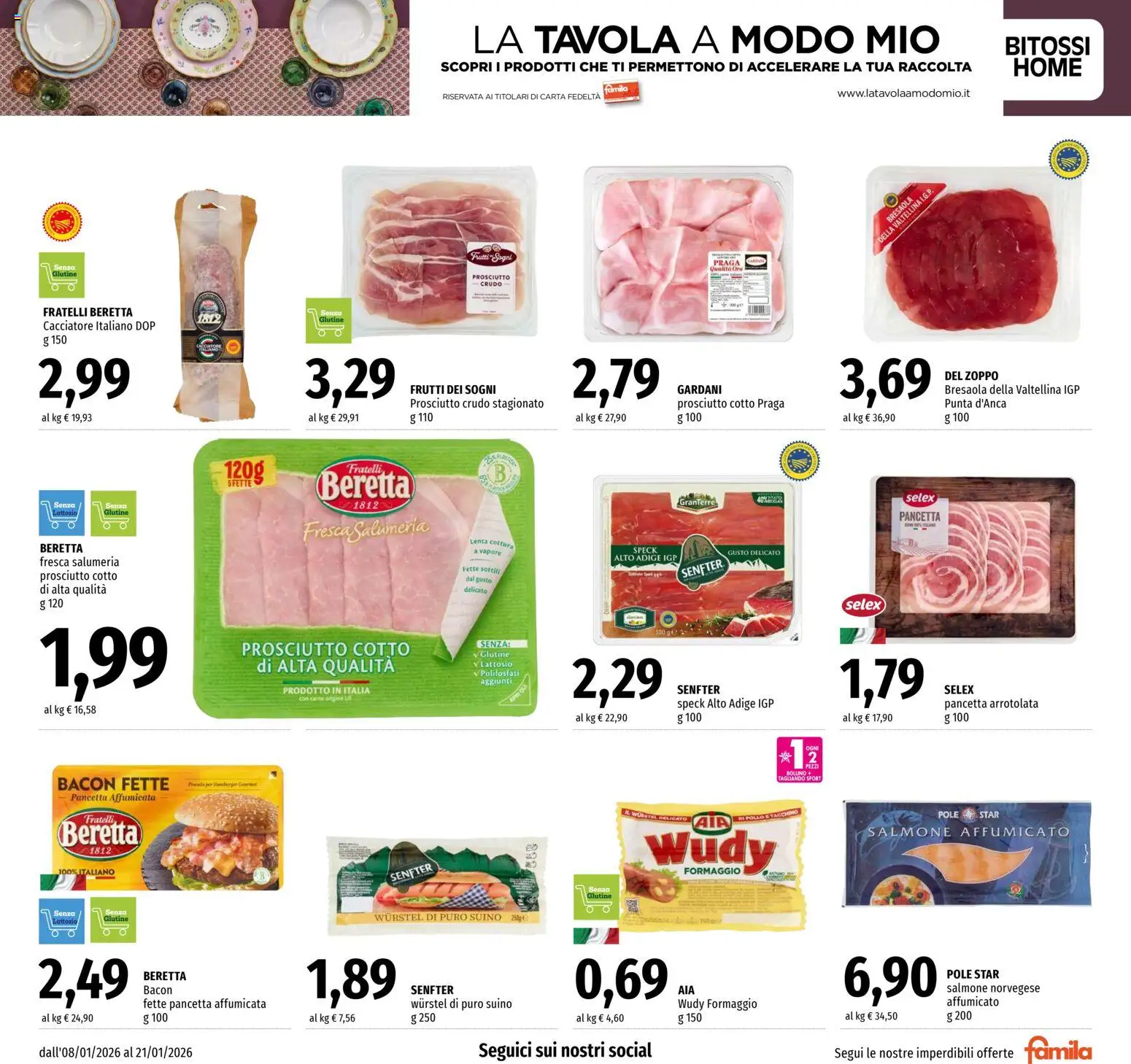 Volantino Famila del 08.01.2026 | Pagina: 11 | Prodotti: Salmone affumicato, Speck, Tacchino, Formaggio