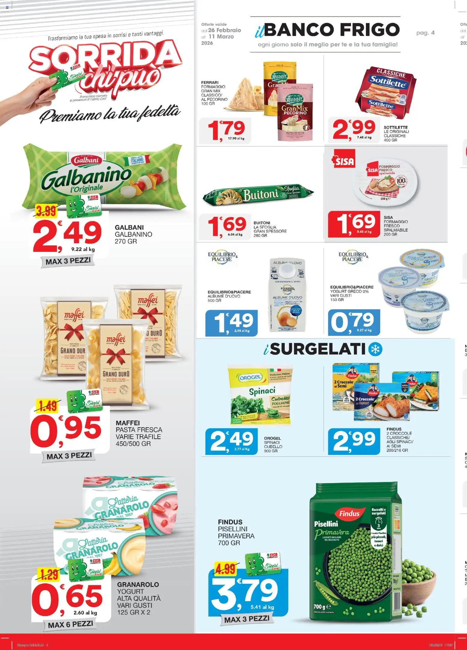 Volantino SISA del 26.02.2026 | Pagina: 4 | Prodotti: Yogurt, Pasta, Spinaci, Pecorino