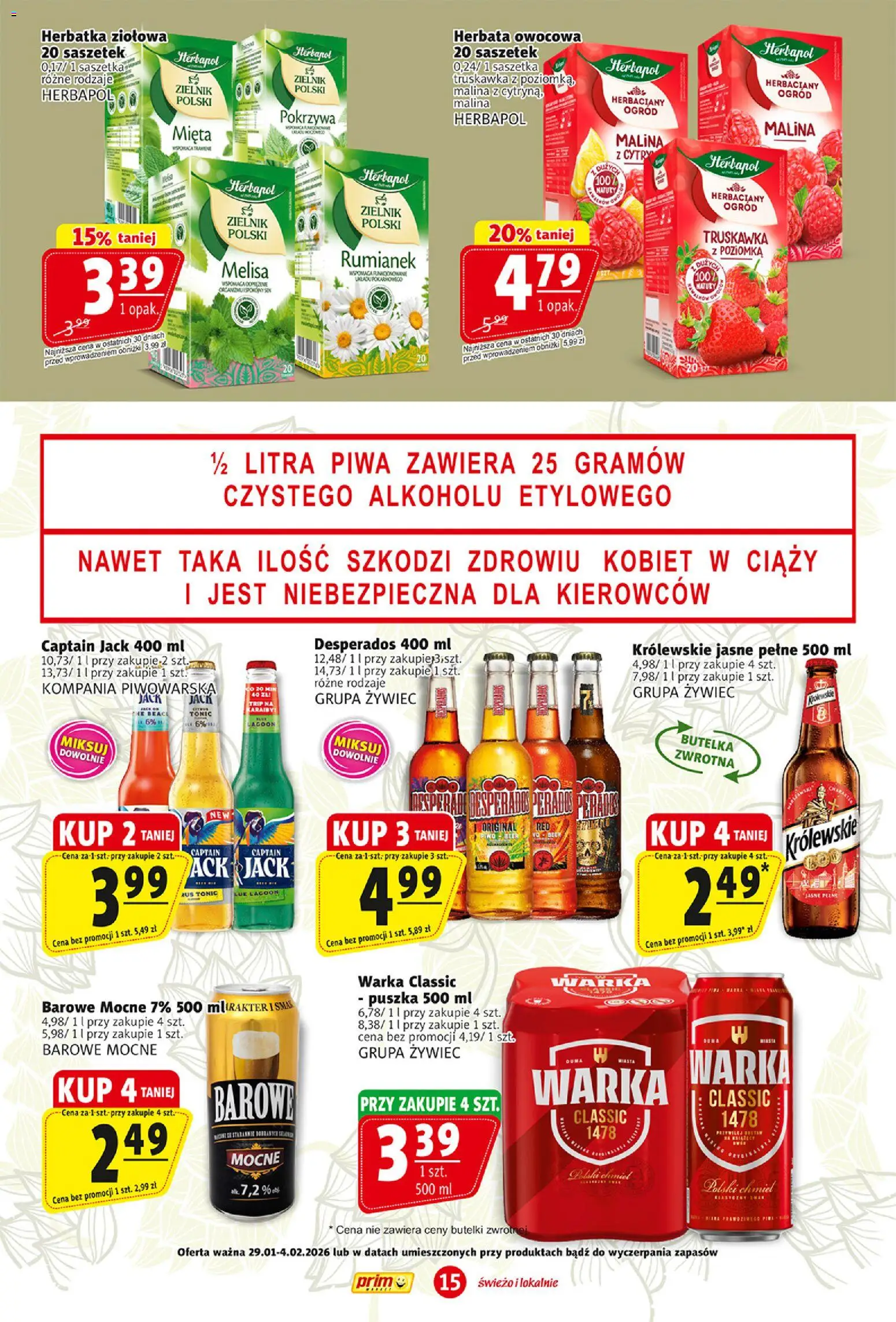 Prim Market Gazetka od 29.01.2026 | Strona: 15 | Produkty: Mięta, Warka, Piwo, Melisa