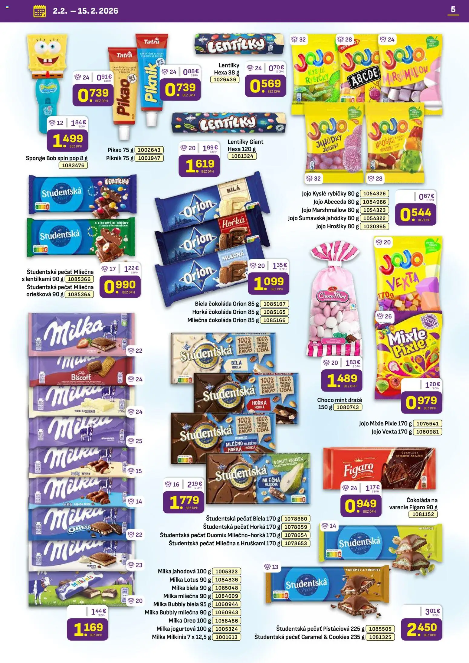 Nové Libex akcie – leták je platný od 02.02.2026 | Strana: 5 | Produkty: Študentská pečať, Múka, Milka, Kakao