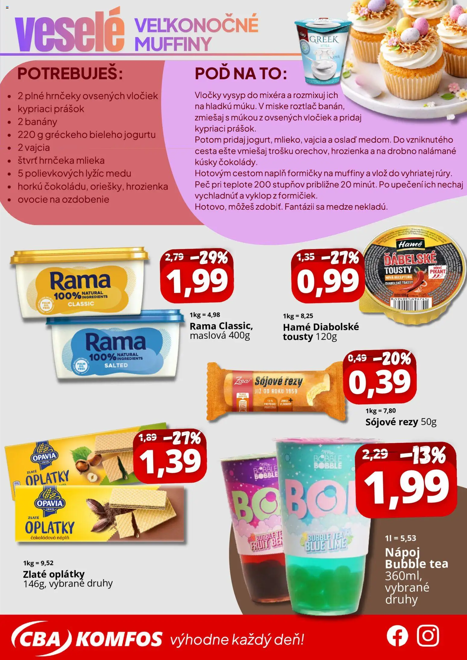 Nové CBA Komfos akcie – leták je platný od 01.04.2026 | Strana: 3 | Produkty: Vajcia, Banány, Rama, Ovocie