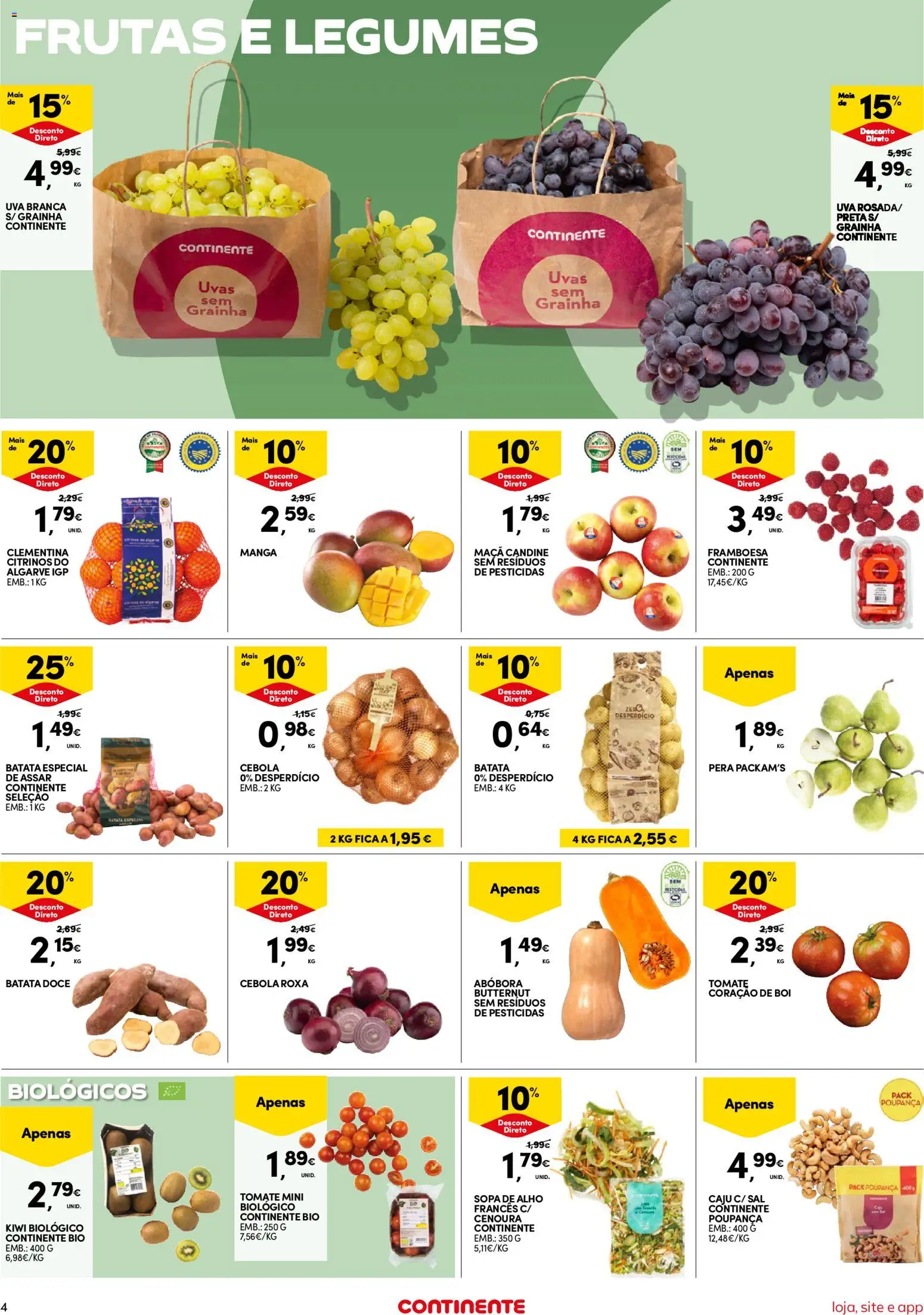 Continente Semanal Continente Bom Dia │ válido de 07.04.2026 | Página: 4 | Produtos: Abóbora, Tomate, Cenoura, Uvas