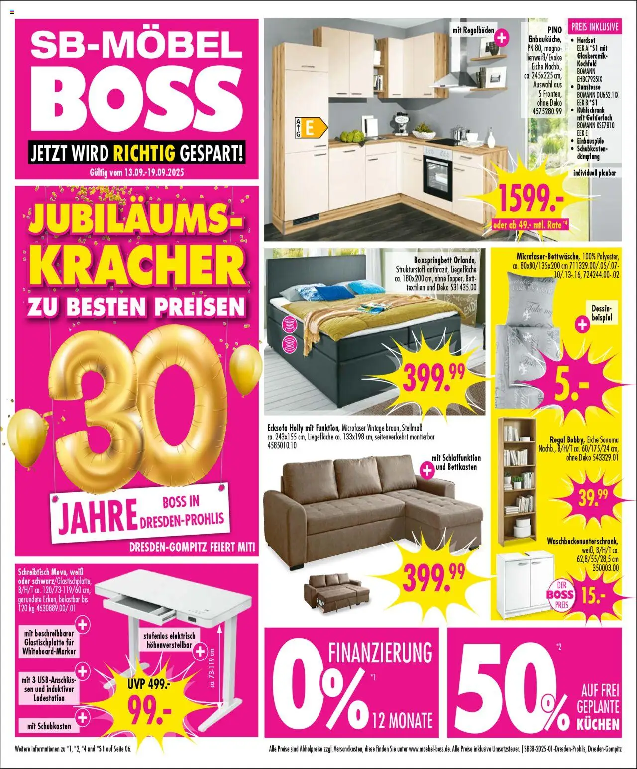 SB Möbel Boss Prospekt Dresden-Gompitz	 – gültig ab 13.09.2025 | Seite: 1 | Produkte: Ecksofa, Bett, Kühlschrank, Kochfeld