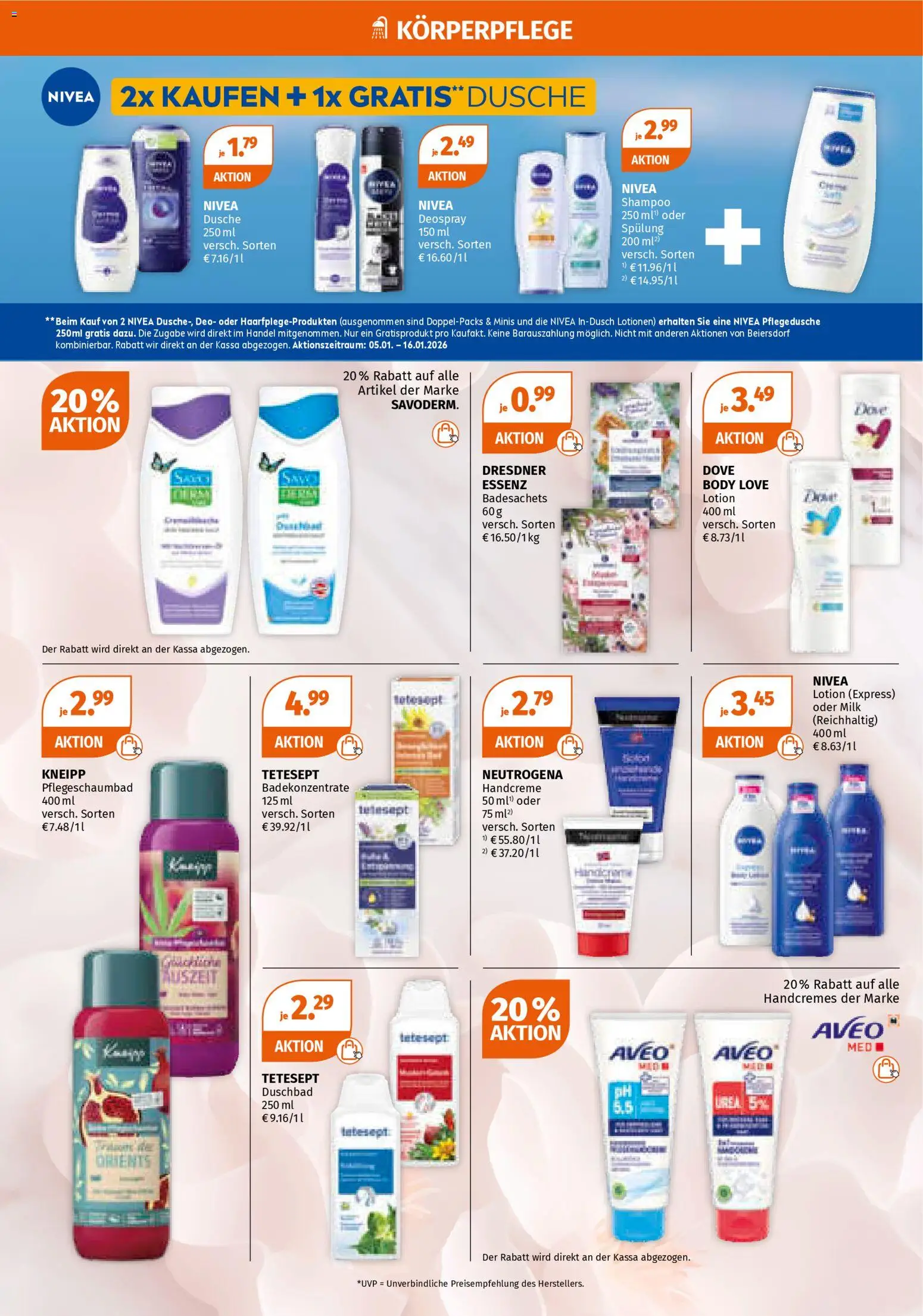 Müller Flugblatt gültig ab 05.01.2026 | Seite: 4 | Produkte: Dusche, Shampoo, Spülung, Handcreme