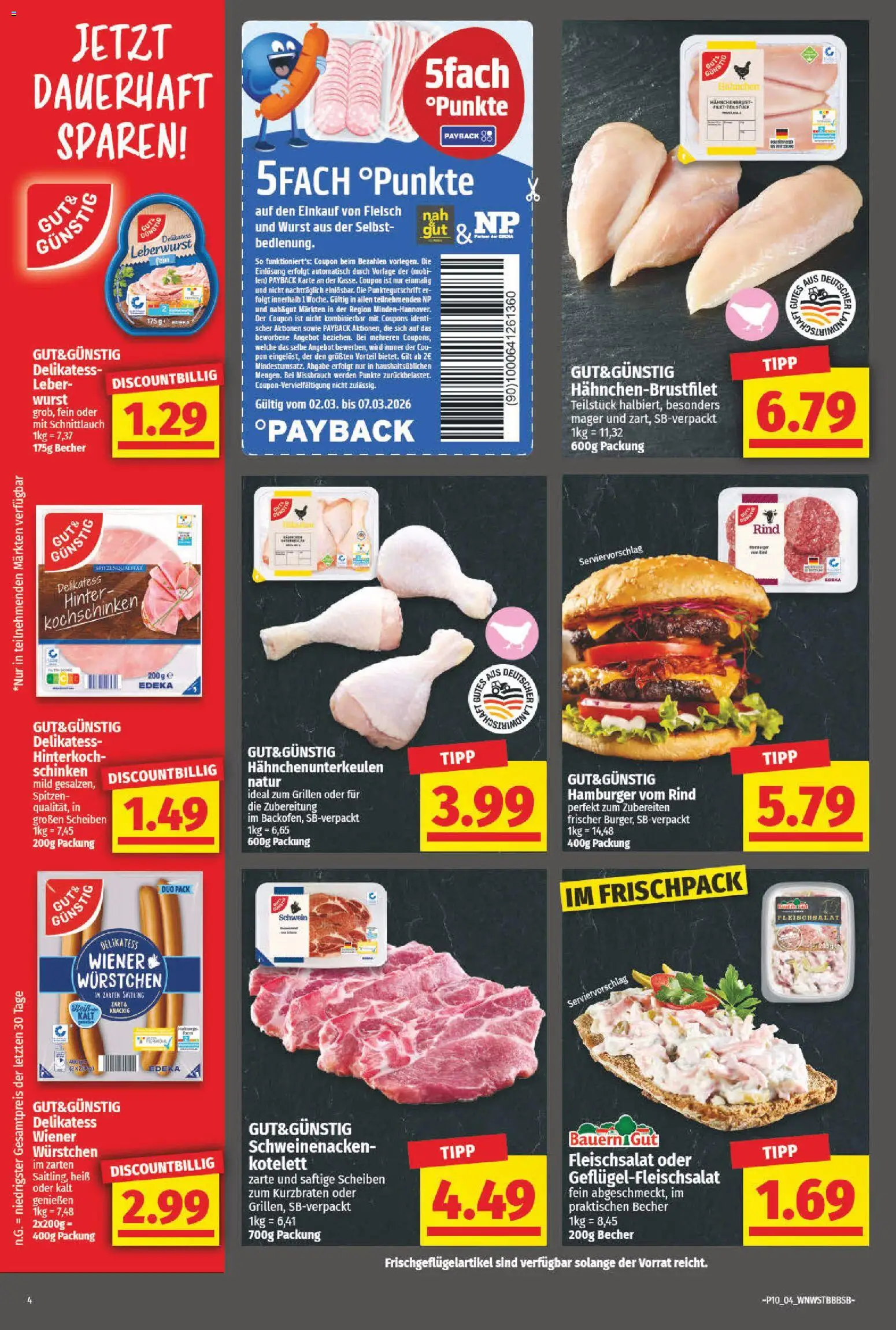 NP Discount Prospekt 	 – gültig ab 02.03.2026 | Seite: 4 | Produkte: Wurst, Schinken, Fleisch, Hahnchenbrust