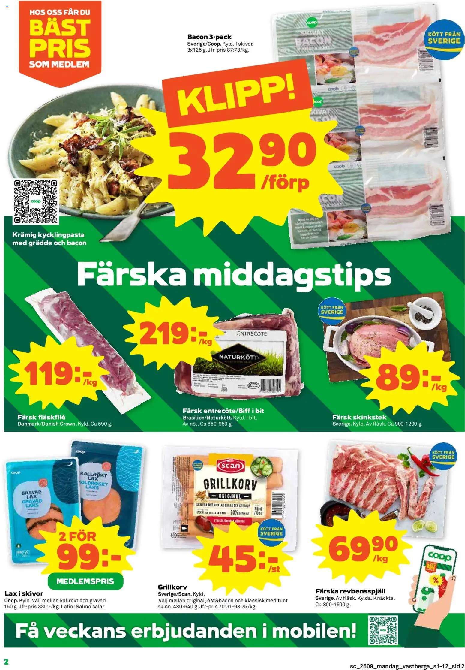 Coop Forum reklamblad aktuell från 23.02.2026 | Sida: 2 | Produkter: Bacon, Entrecote, Grillkorv, Grädde