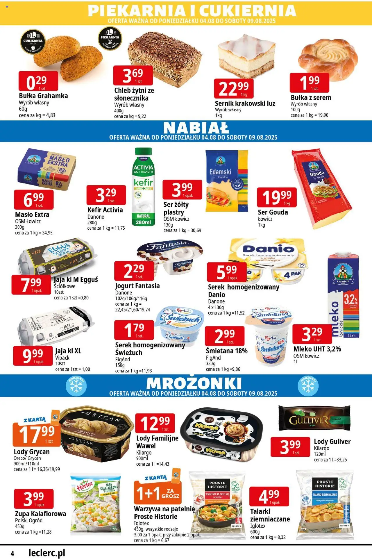 E.Leclerc Gazetka - Radom od 04.08.2025 | Strona: 4 | Produkty: Kefir, Serek homogenizowany, Warzywa na patelnie, Bułka