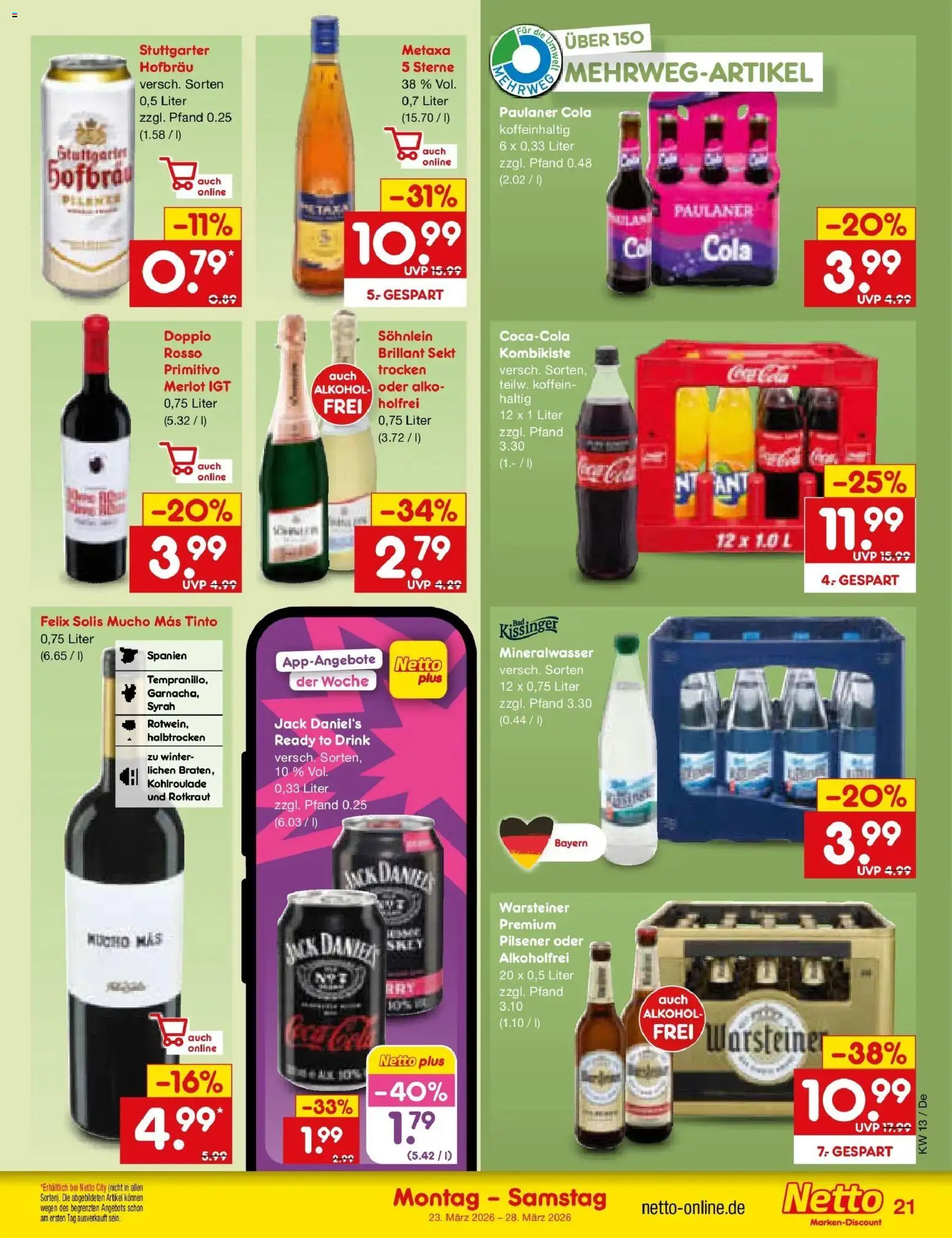 Netto Marken-Discount Prospekt Buttenwiesen	 – gültig ab 23.03.2026 | Seite: 23 | Produkte: Merlot, Jack Daniel's, Mineralwasser, Warsteiner