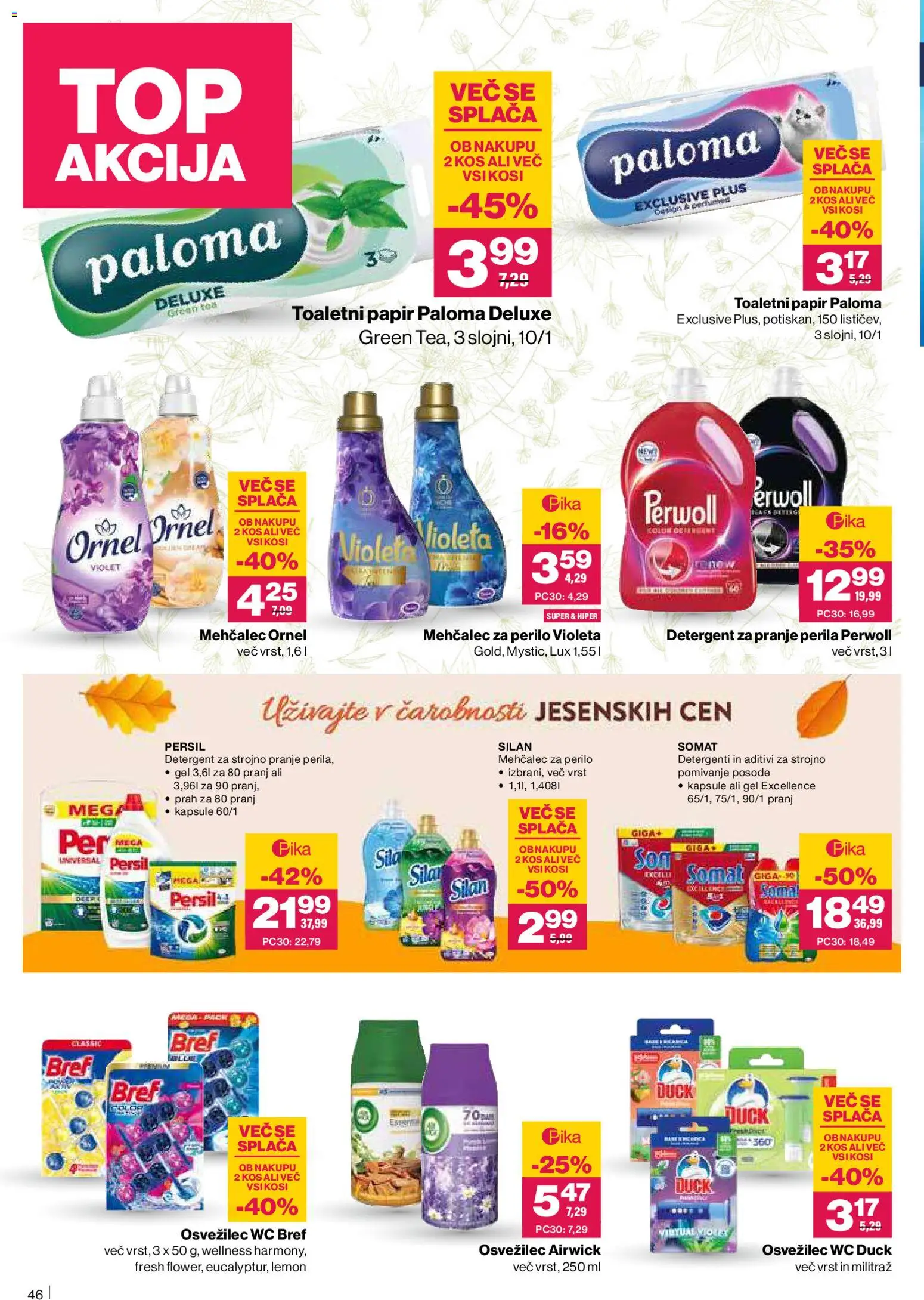 Novi Mercator katalog ponudbe – veljaven od 23.10.2025 | Stran: 46 | Izdelki: Mehčalec, Toaletni papir, Mehcalec za perilo, Detergent