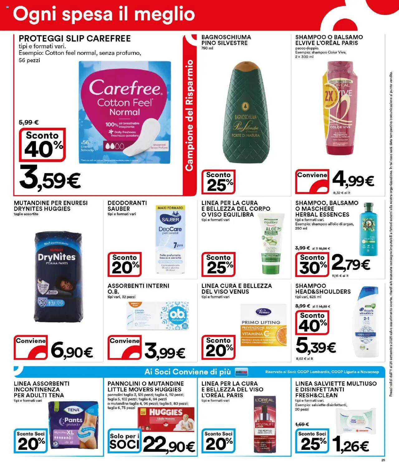 Volantino Ipercoop del 11.09.2025 | Pagina: 25 | Prodotti: Shampoo, Pannolini, Proteggi slip, Slip