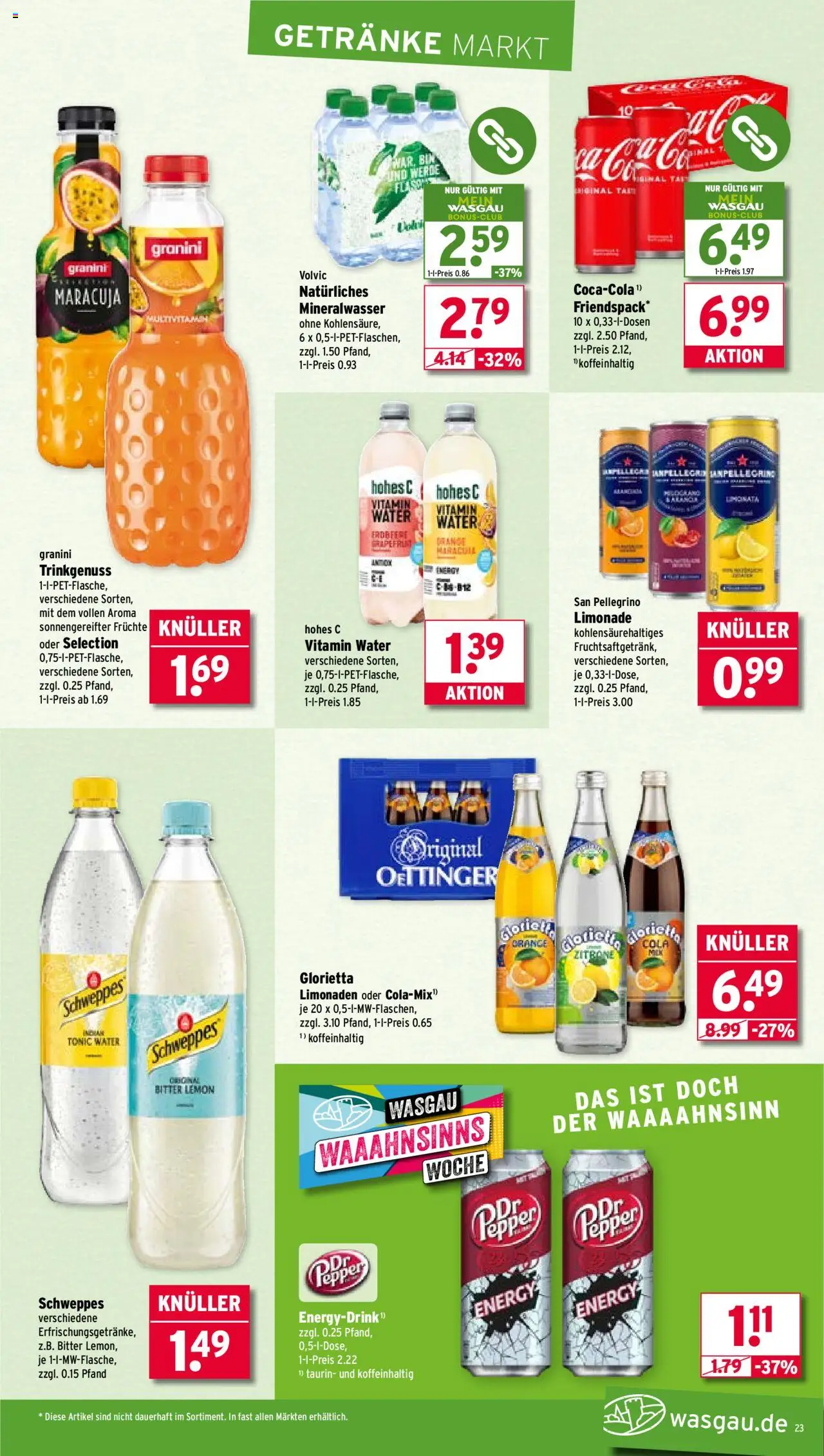 Wasgau Prospekt 	 – gültig ab 22.09.2025 | Seite: 23 | Produkte: Cola, Limonade, Granini, Volvic