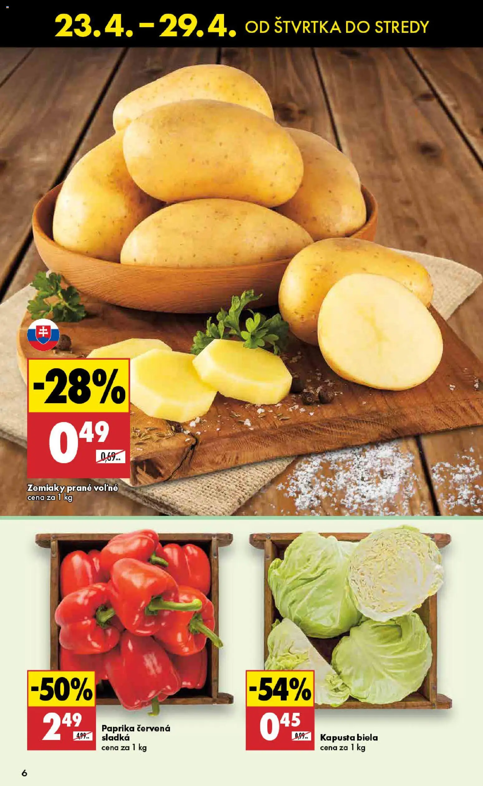 Nové Biedronka akcie – leták je platný od 23.04.2026 | Strana: 6 | Produkty: Paprika, Kapusta, Kapusta biela, Zemiaky