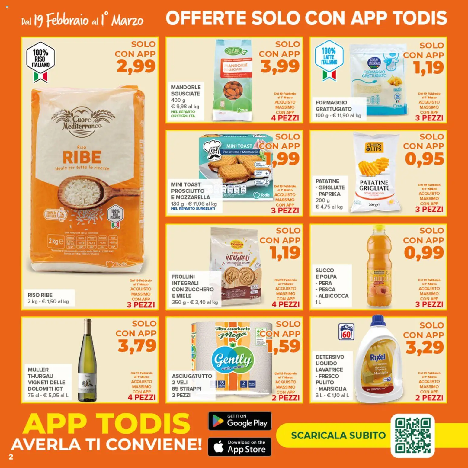 Volantino Todis del 19.02.2026 | Pagina: 2 | Prodotti: Patatine, Zucchero, Asciugatutto, Frollini
