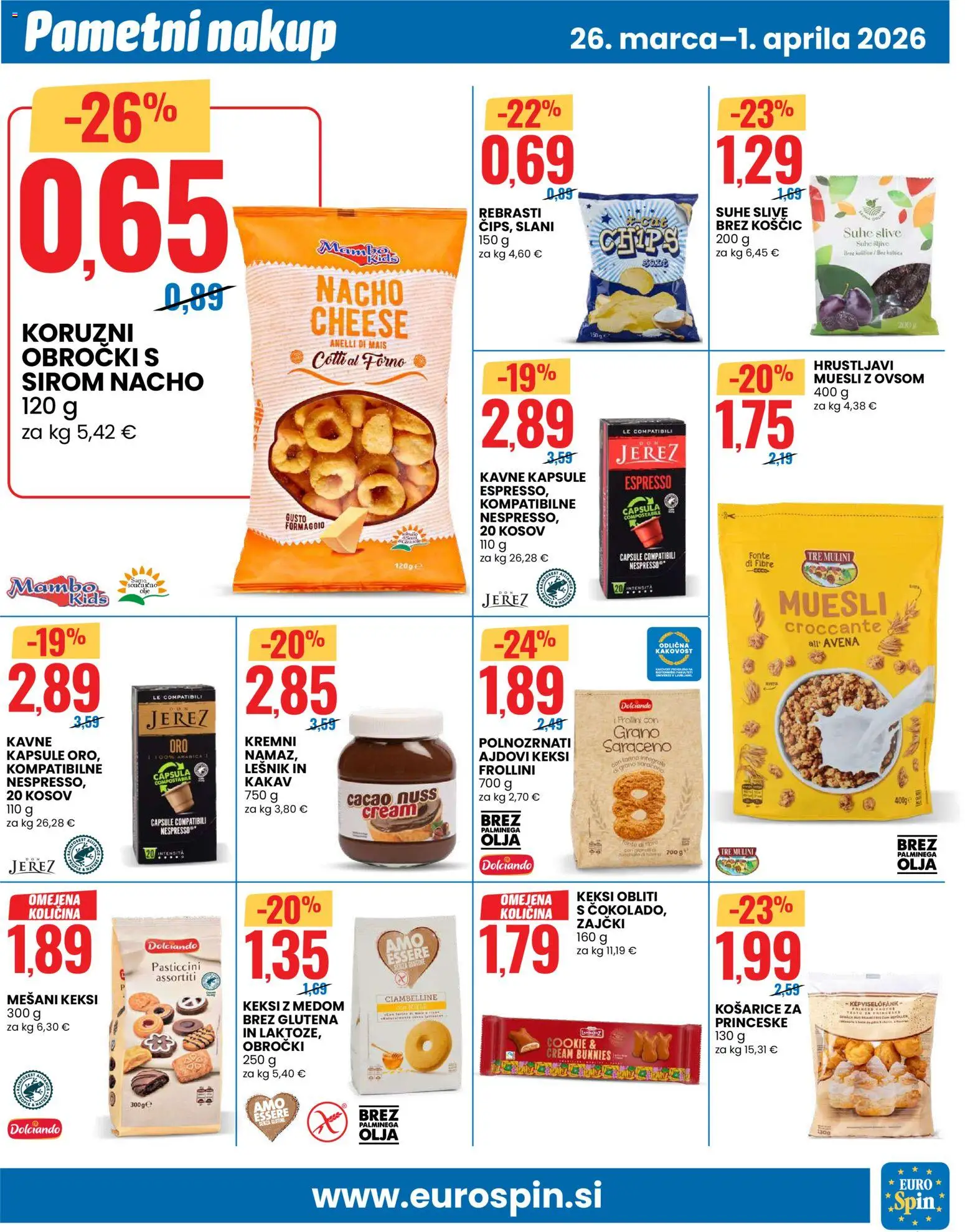 Novi Eurospin katalog ponudbe – veljaven od 26.03.2026 | Stran: 11 | Izdelki: Keksi, Muesli, Suhe slive, Kakav