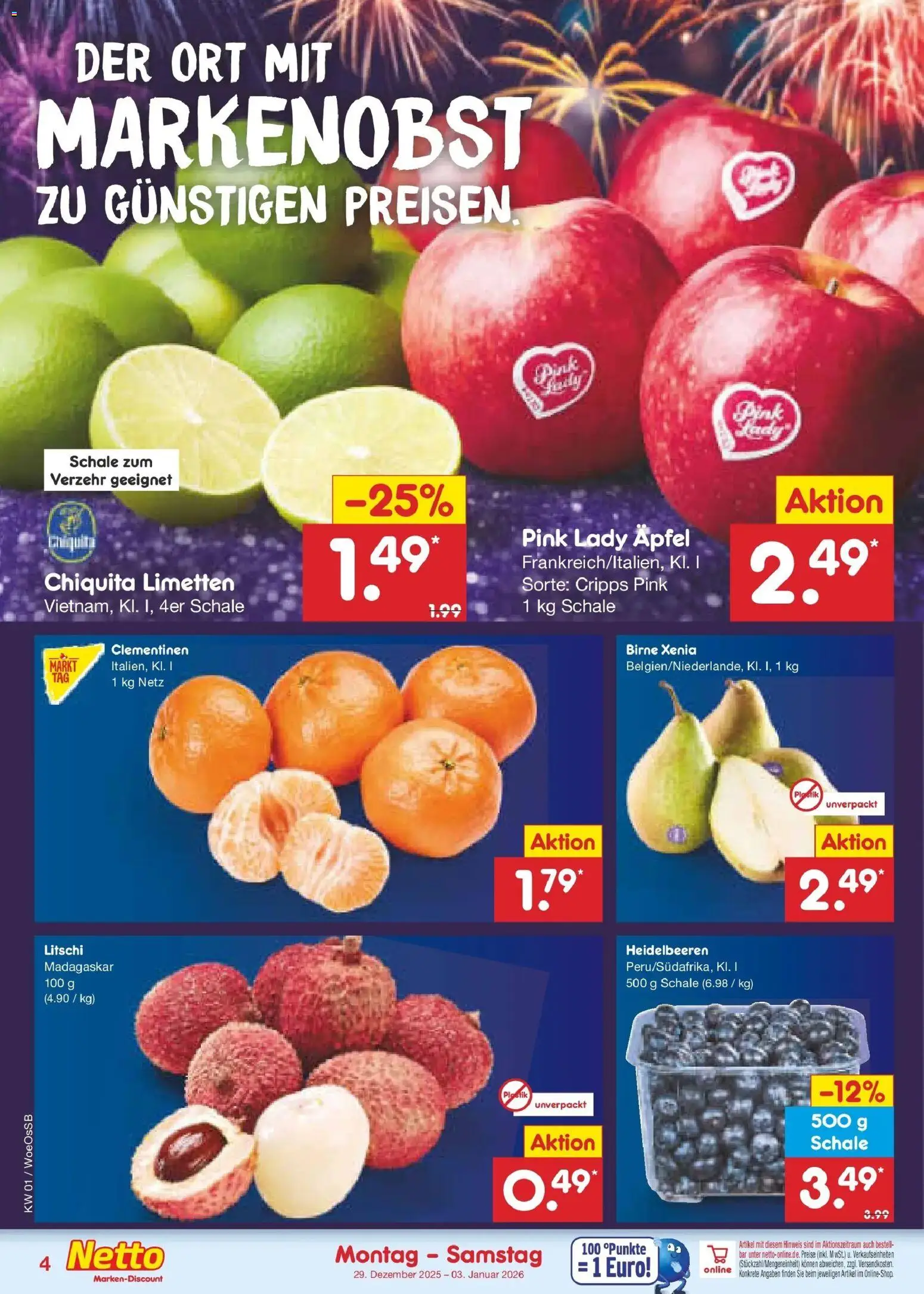 Netto Marken-Discount prospekt Gemmingen	 – gültig ab 28.12.2025 | Seite: 4 | Produkte: Limetten, Äpfel, Heidelbeeren, Birne