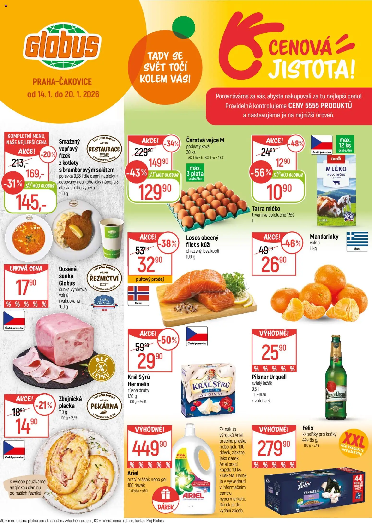 Globus leták od 14.01.2026 | Strana: 1 | Produkty: Mléko, Hermelín, Ariel, Ariel kapsle