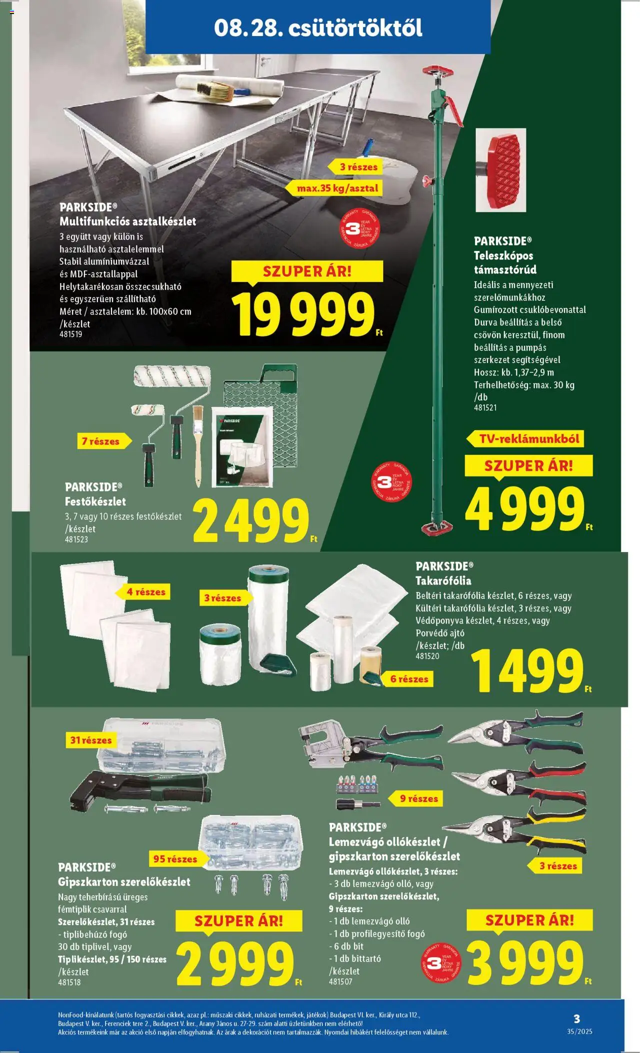 Lidl akciós ujság - amely érvényes a következő dátumtól: 28.08.2025 | Oldal: 3 | Termékek: Parkside, Gipszkarton, Játékok