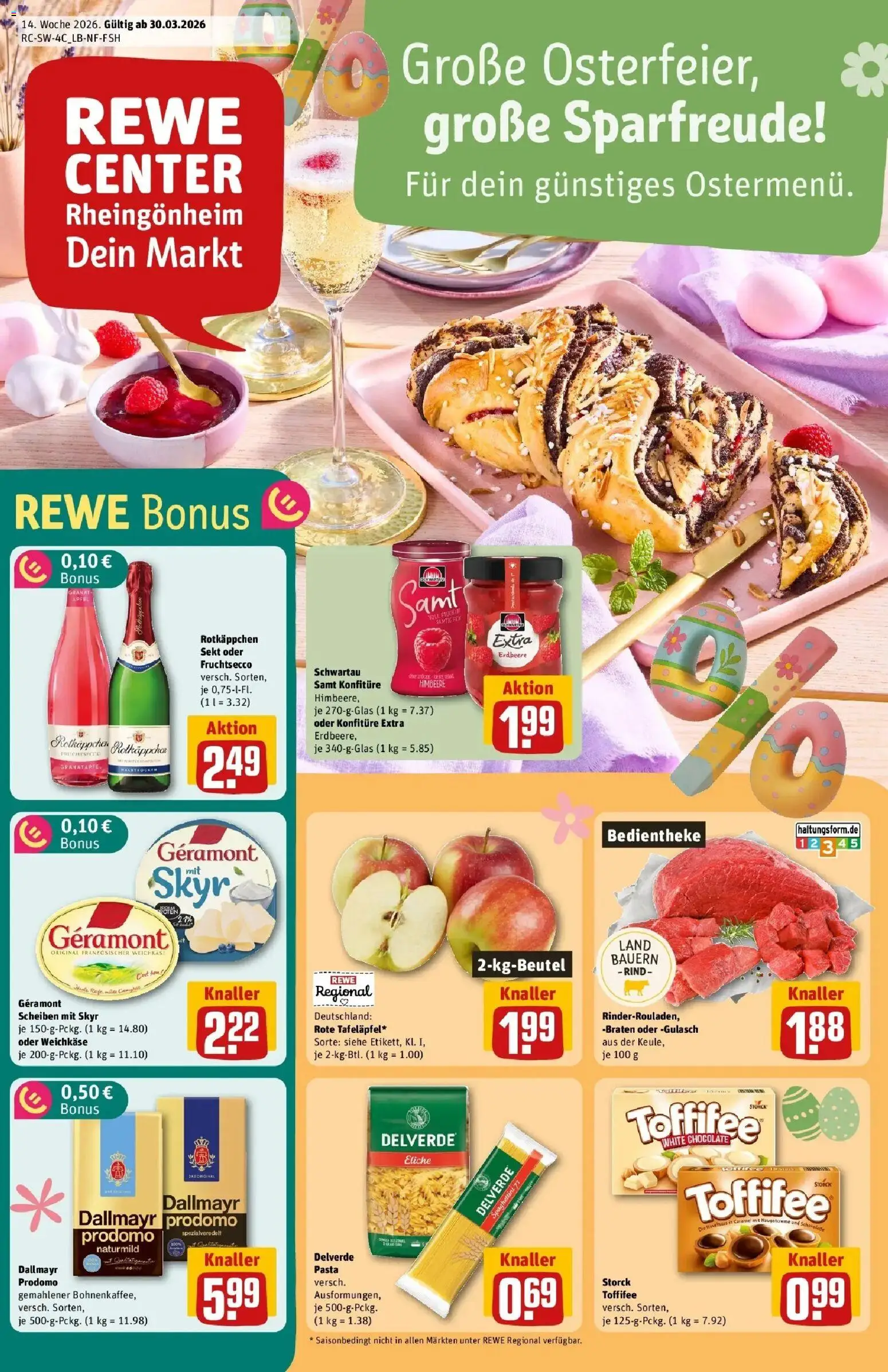 Rewe Prospekt Ludwigshafen / Rheingönheim	 – gültig ab 30.03.2026 | Seite: 1 | Produkte: Rotkappchen sekt, Gulasch, Toffifee, Pasta
