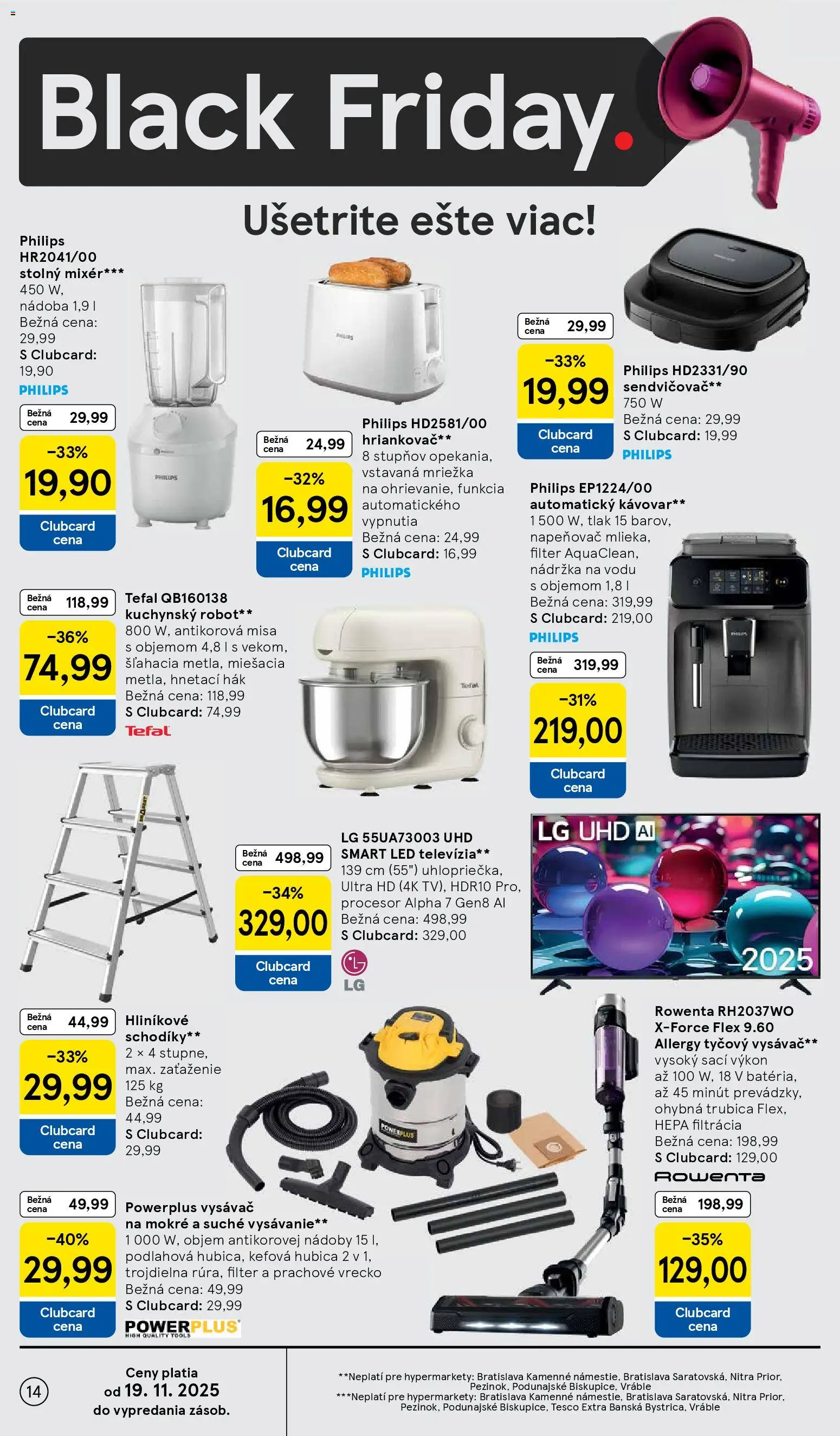 Nové Tesco akcie – leták je platný od 19.11.2025 | Strana: 14 | Produkty: Televízia, Tv, Automatický kávovar, Kuchynský robot