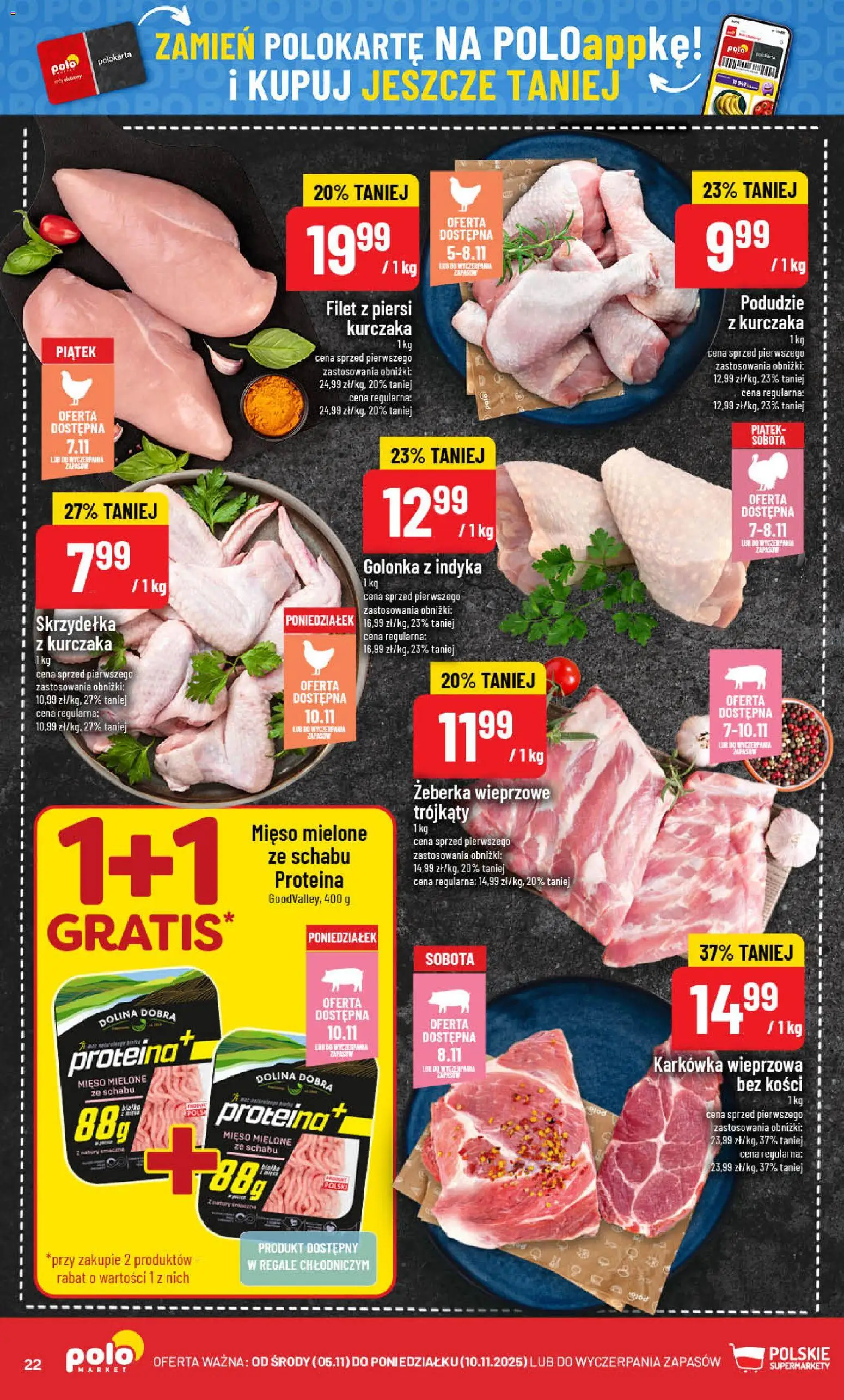 POLOmarket Gazetka od 05.11.2025 | Strona: 22 | Produkty: Karkówka, Piersi, Karkówka wieprzowa, Mięso