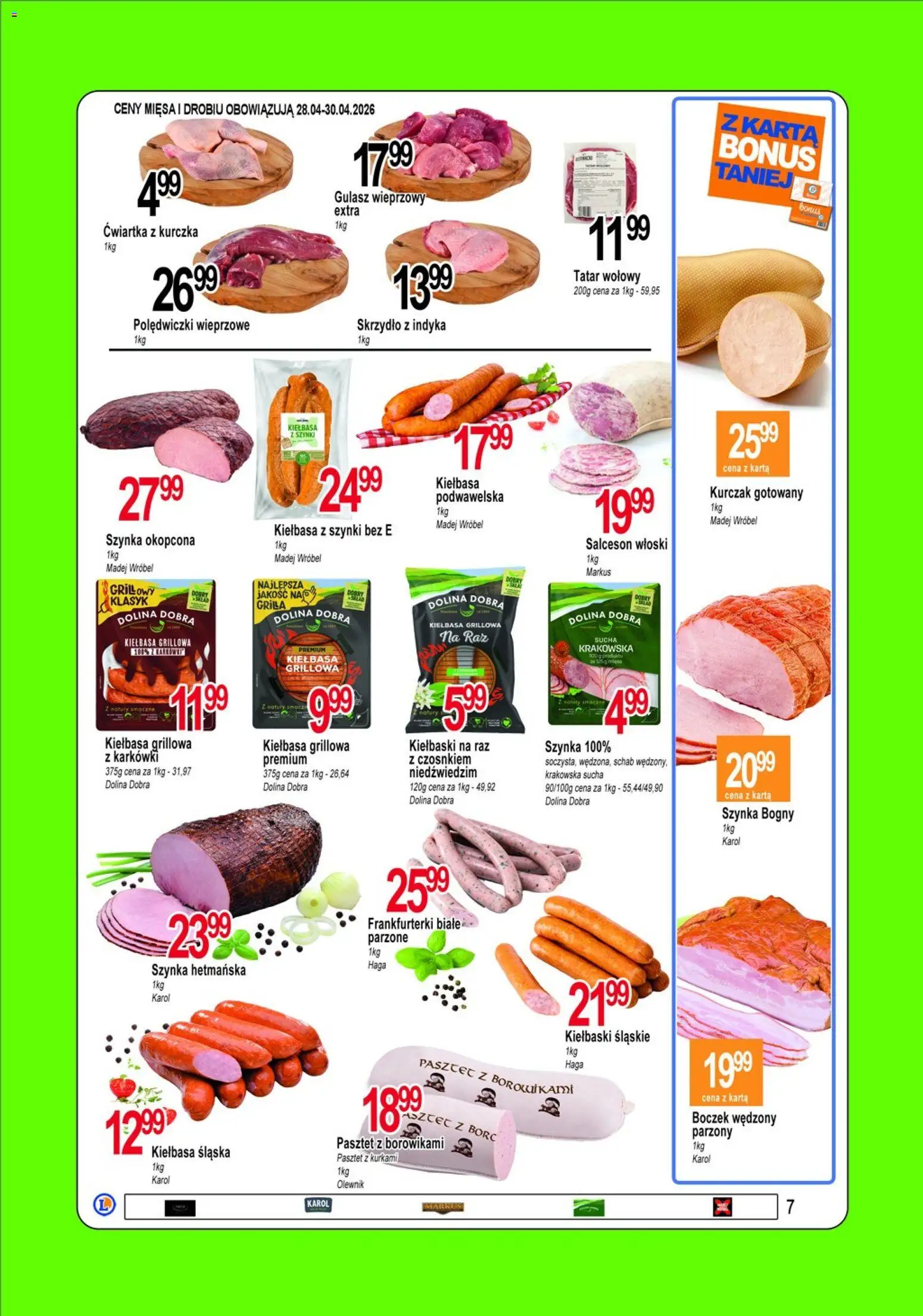 E.Leclerc gazetka - Tychy od 28.04.2026 | Strona: 7 | Produkty: Kiełbasa, Frankfurterki, Boczek, Gulasz
