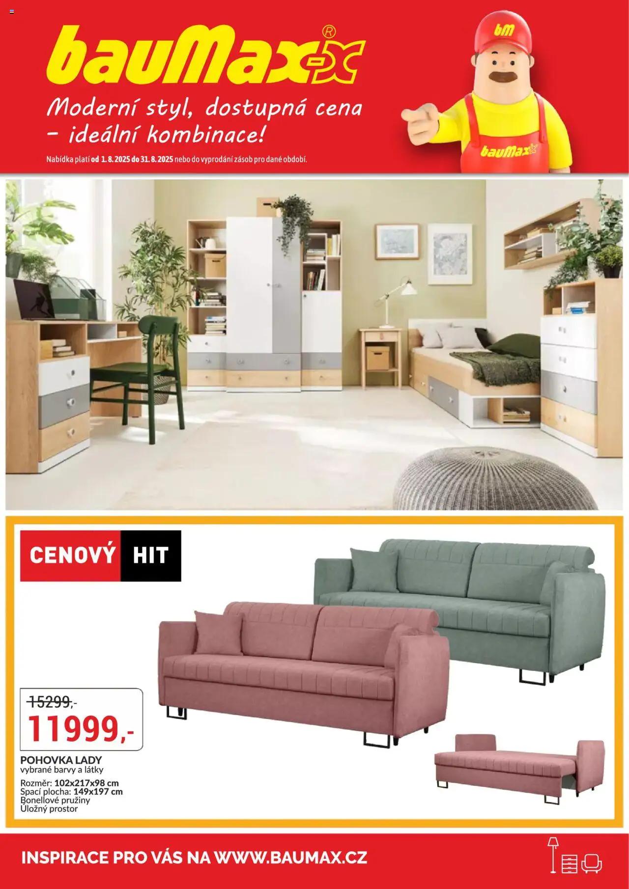 BAUMAX leták - Moderní styl, dostupná cena od 01.08.2025 | Strana: 1 | Produkty: Pohovka, Barvy