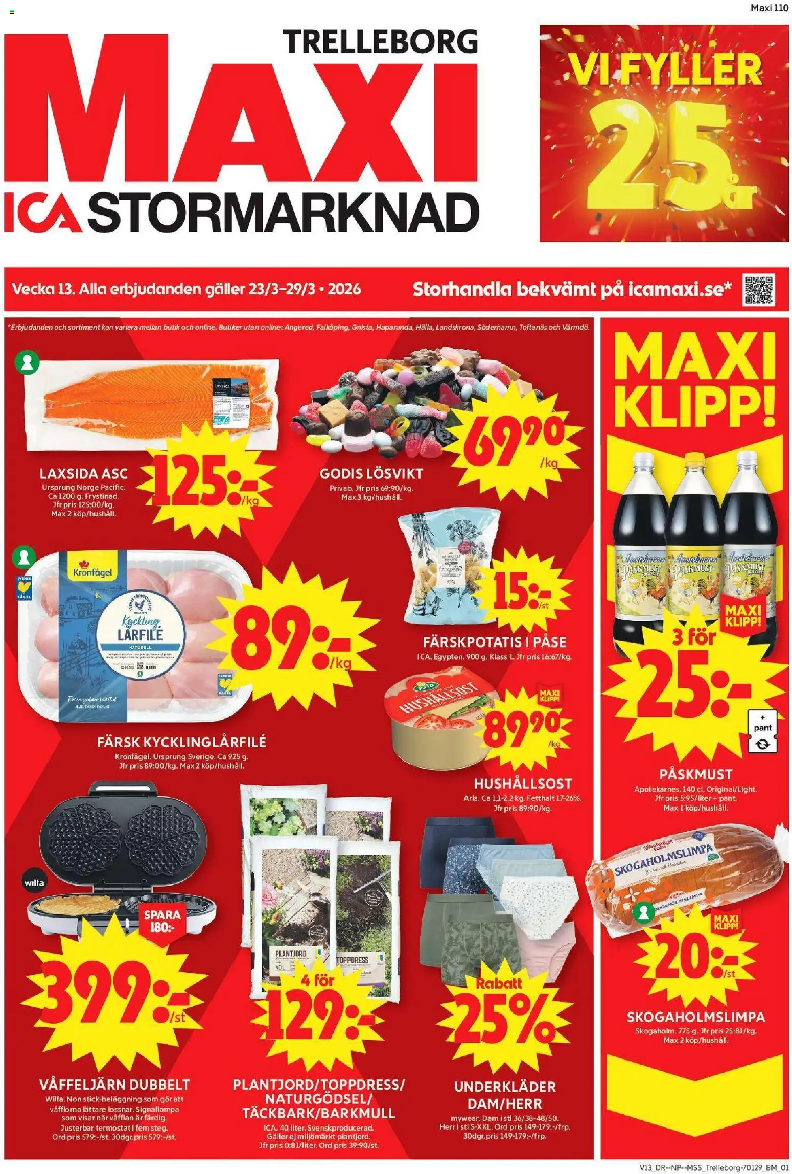 ICA Maxi reklamblad aktuell från 23.03.2026 | Sida: 1 | Produkter: Färskpotatis, Galler, Underkläder, Våffeljärn