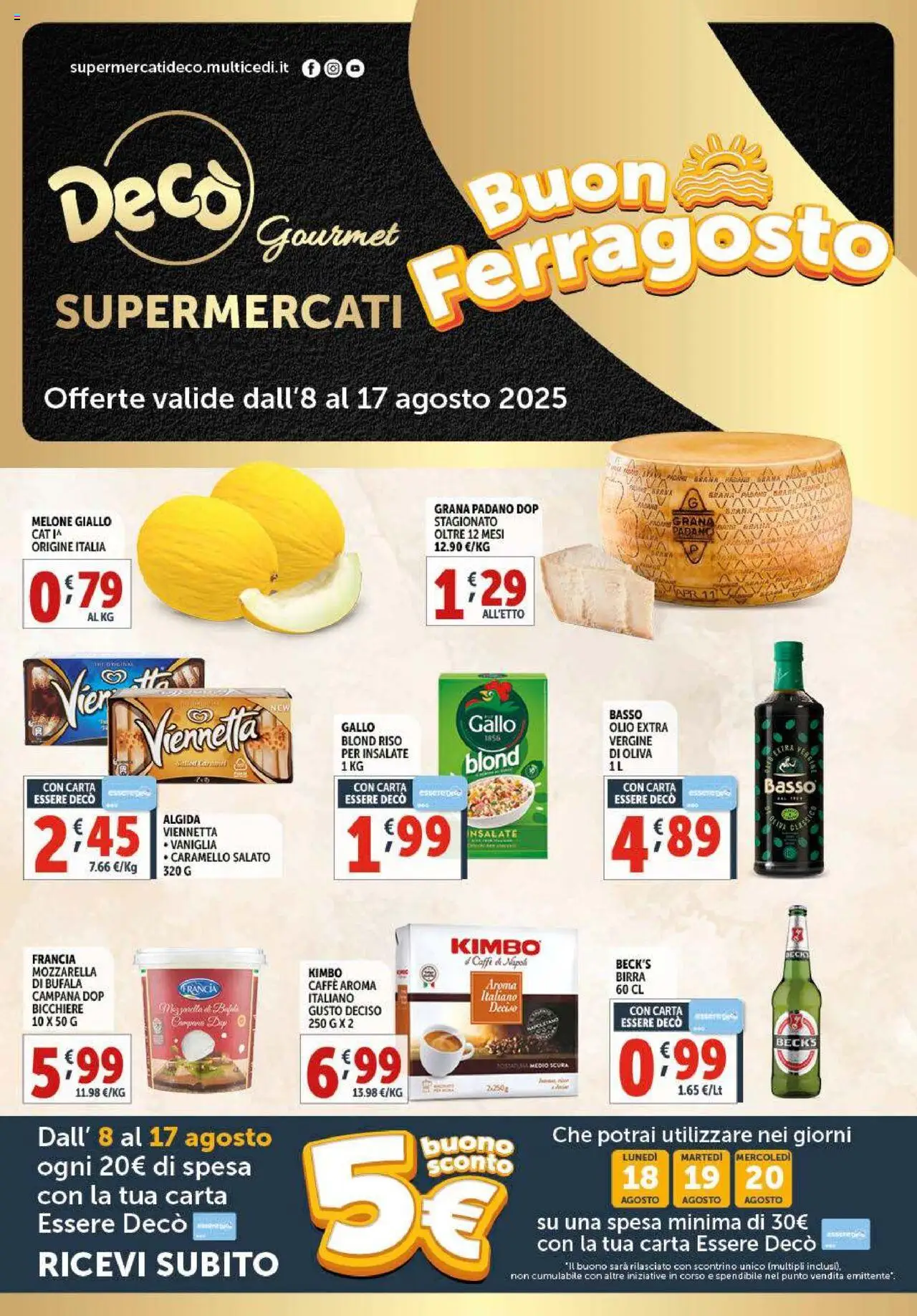 Volantino Decò del 08.08.2025 | Pagina: 1 | Prodotti: Caffè, Birra, Mozzarella, Grana Padano