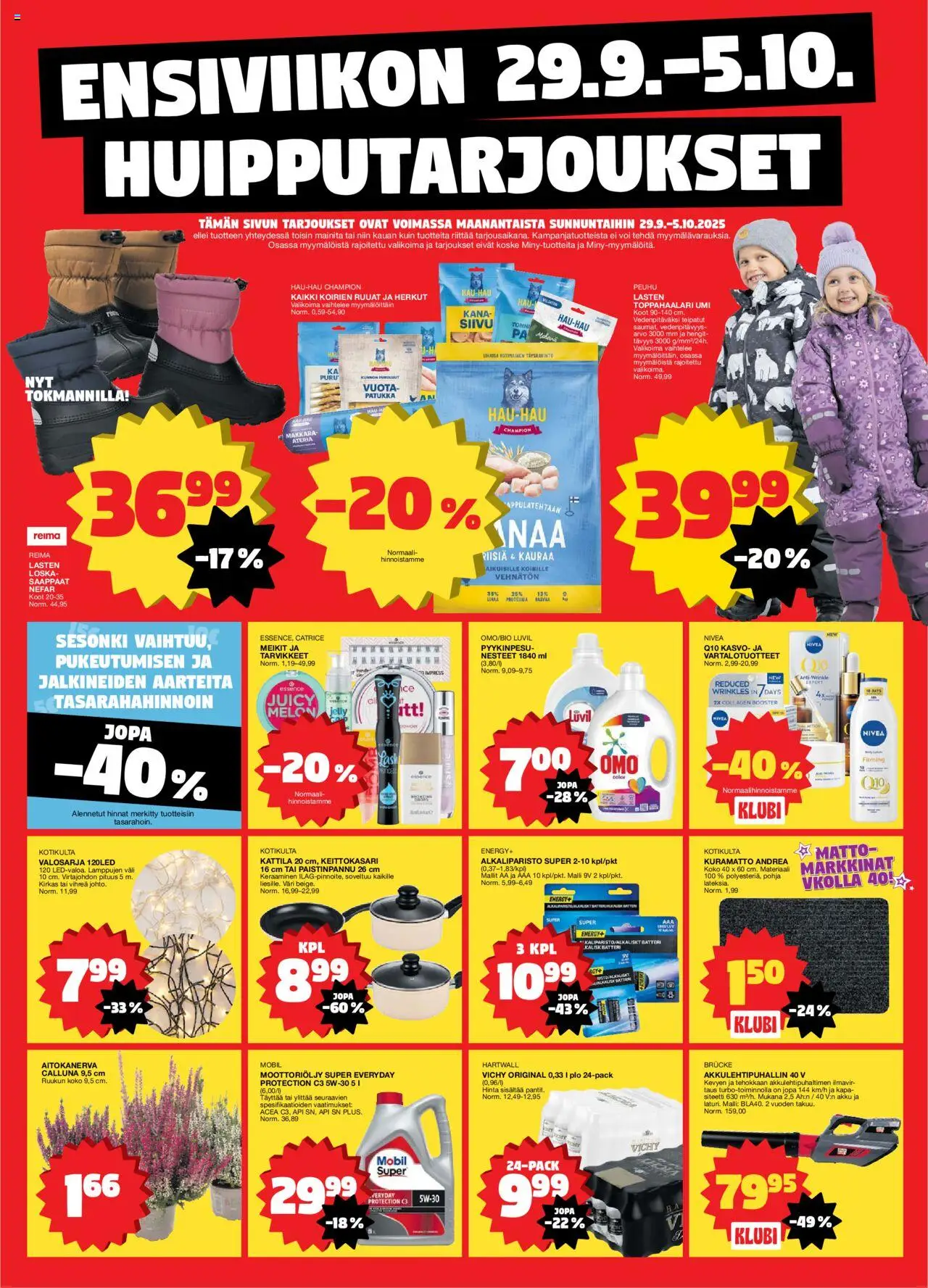 Tokmanni - Ensi viikon huipputarjoukset – voimassa 29.09.2025 alkaen | Sivu: 1 | Tuotteet: Moottoriöljy, Kana, Kattila, Matto