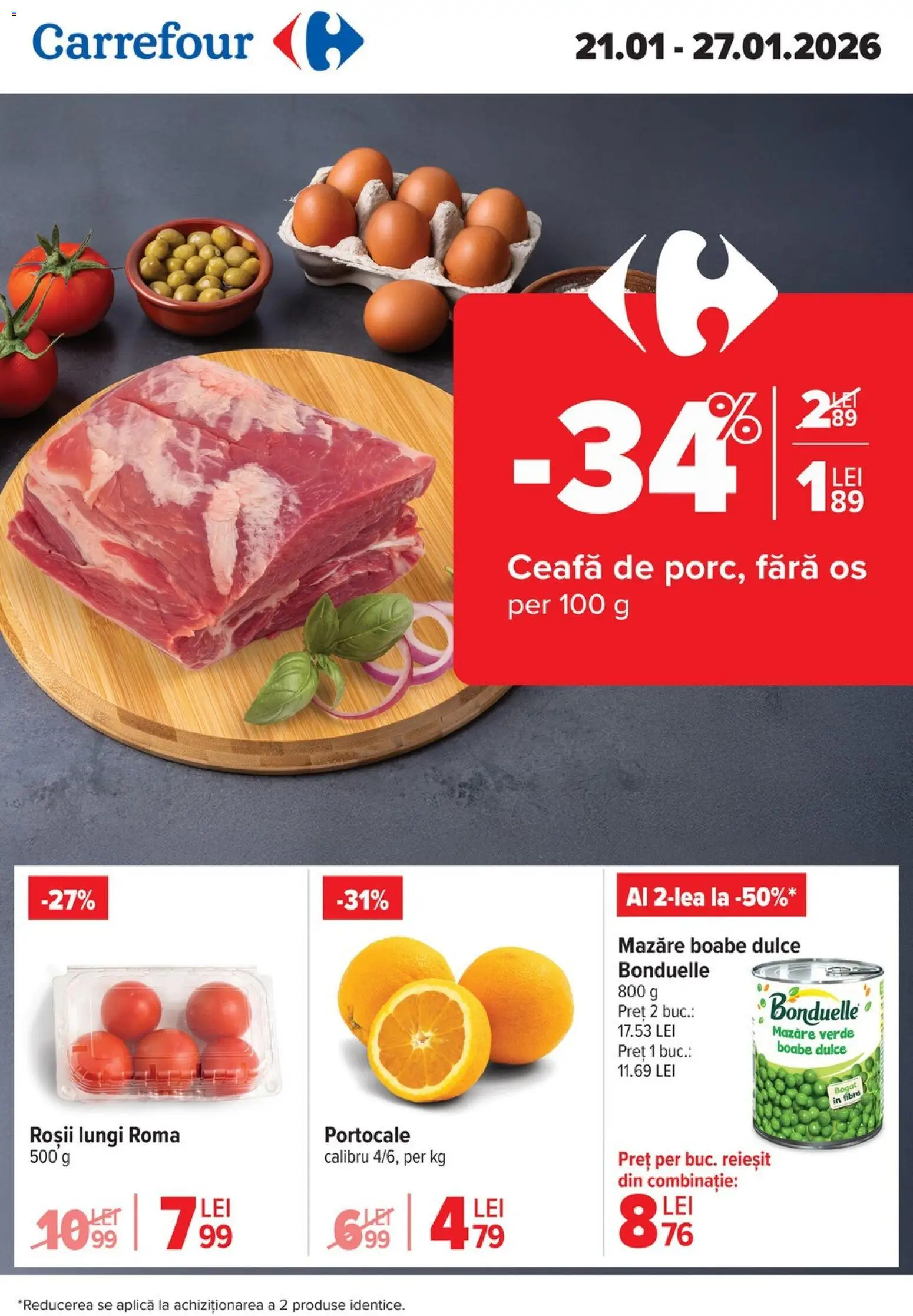 Noul catalog Carrefour – valabil de la 21.01.2026 | Pagină: 1 | Produse: Mazăre, Portocale, Roșii