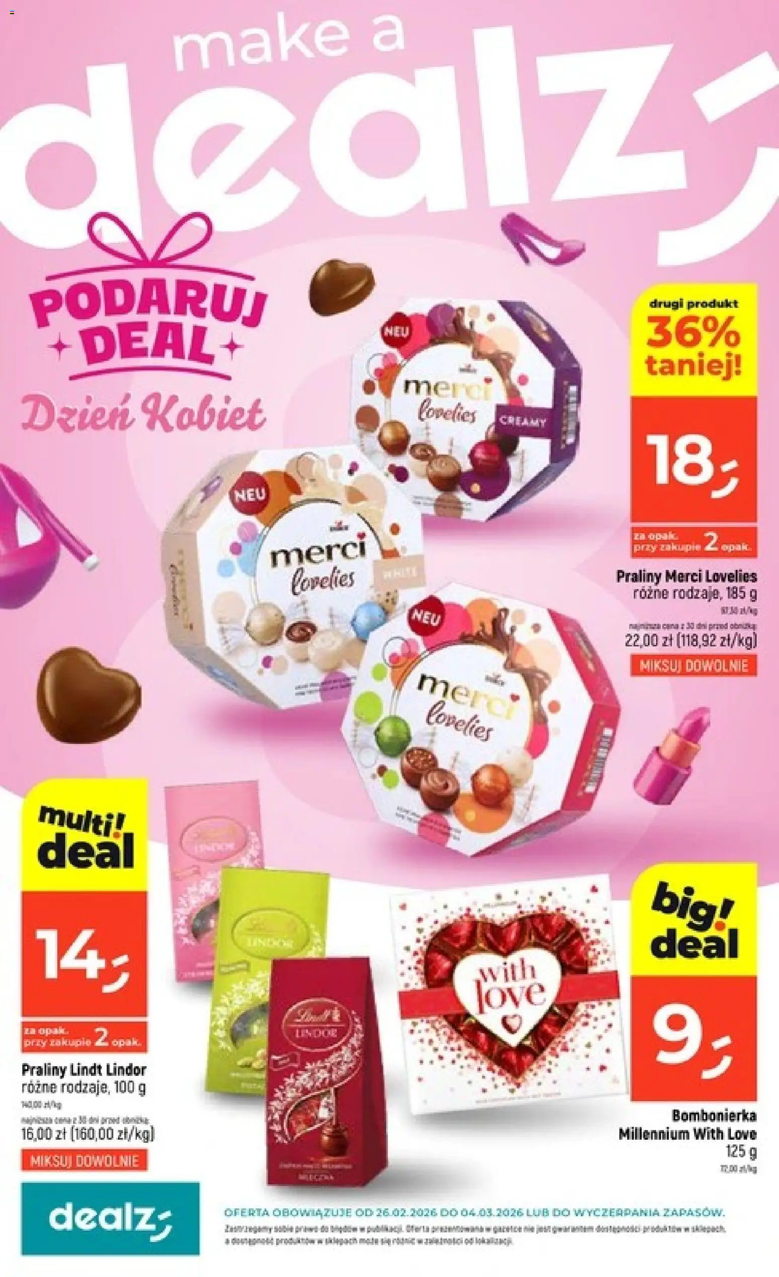 Dealz Gazetka od 26.02.2026 | Strona: 1 | Produkty: Praliny, Bombonierka, Merci
